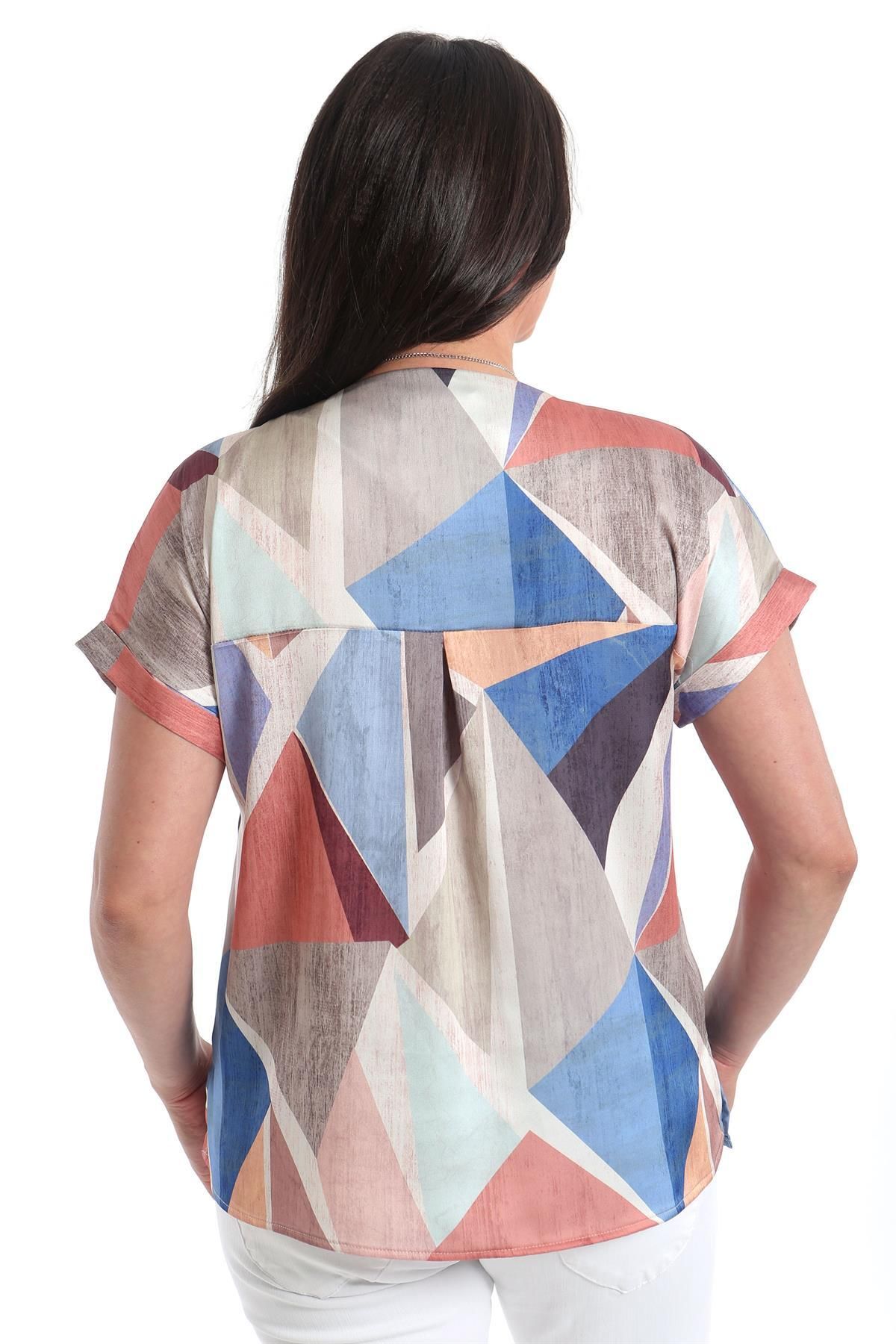 SERTUĞ-Plus Size Geometric Pattern Low Sleeve Basic Indigo Blouse 7