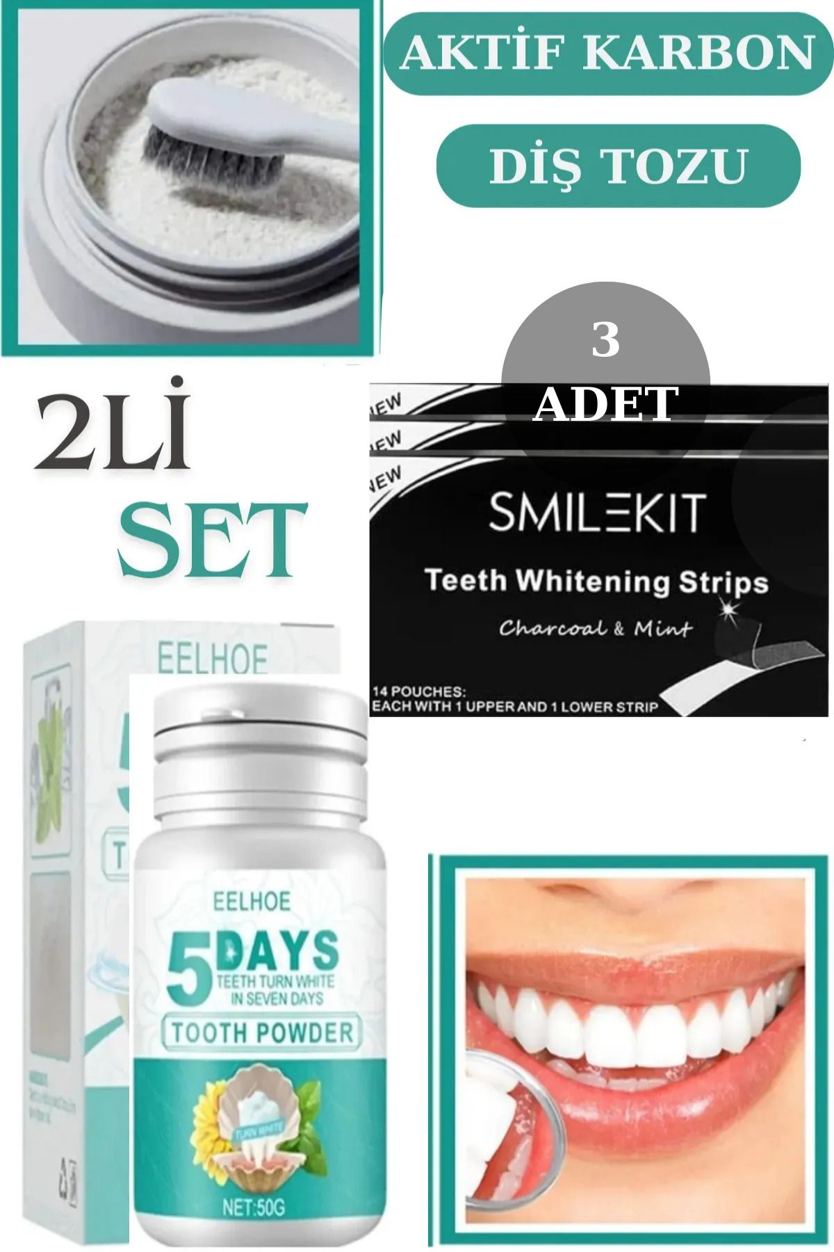 Uniquem Aktif Karbon Diş Beyazlatma Seti 3 Adet Smile Kit Diş Bandı ve Diş Tozu Seti