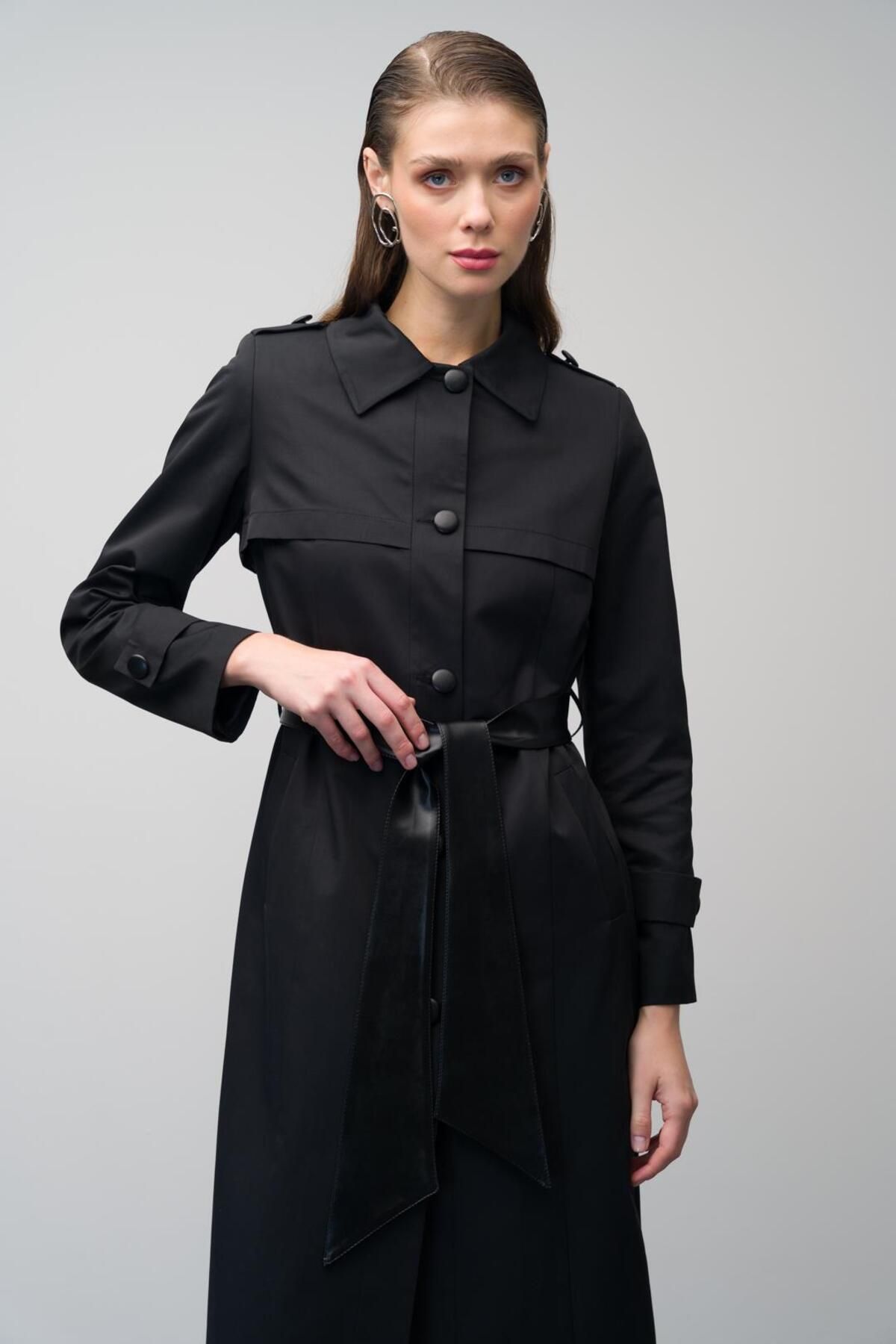 Olcay-Leather Detailed Water Repellent Feature Lined Long Trench Coat Black 6636 2