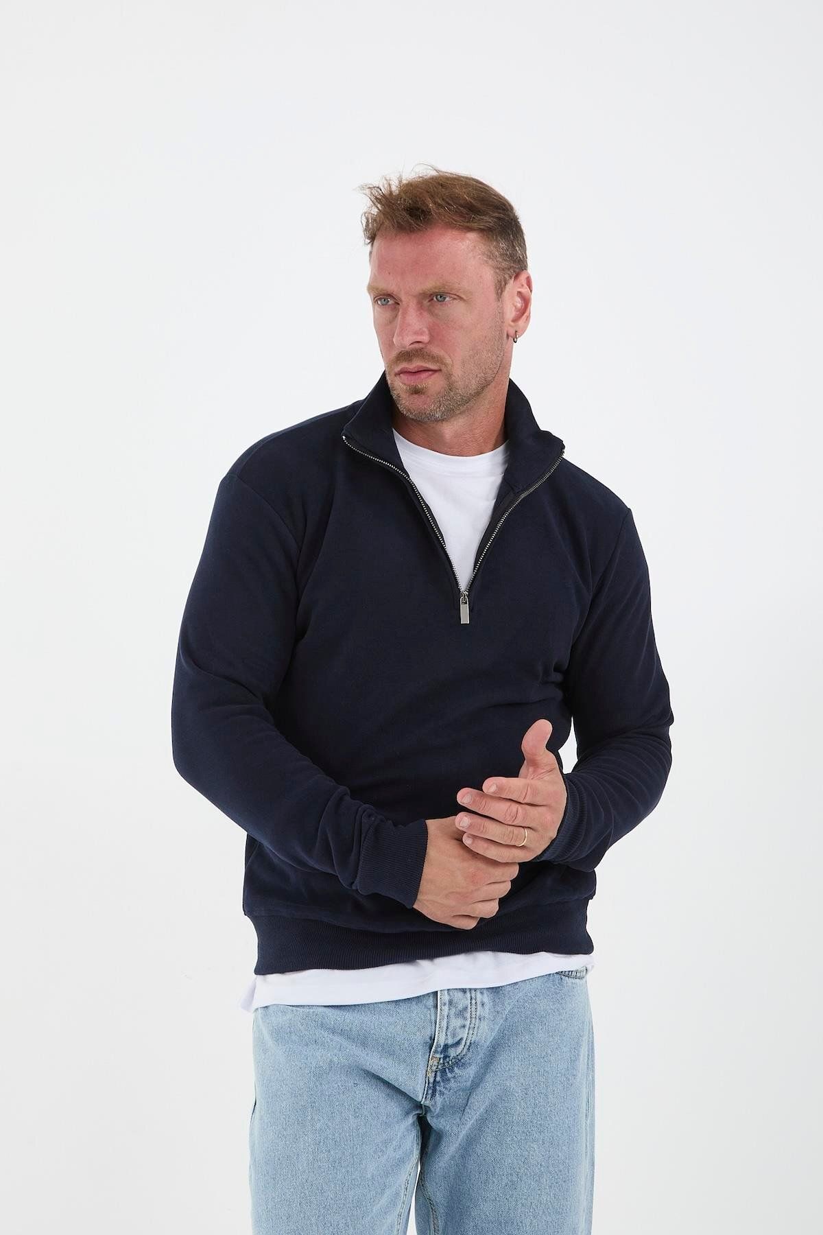 Valiberta-Thessaloniki Knitted Half Zipper Men's Sweatshirt - Navy Blue 1