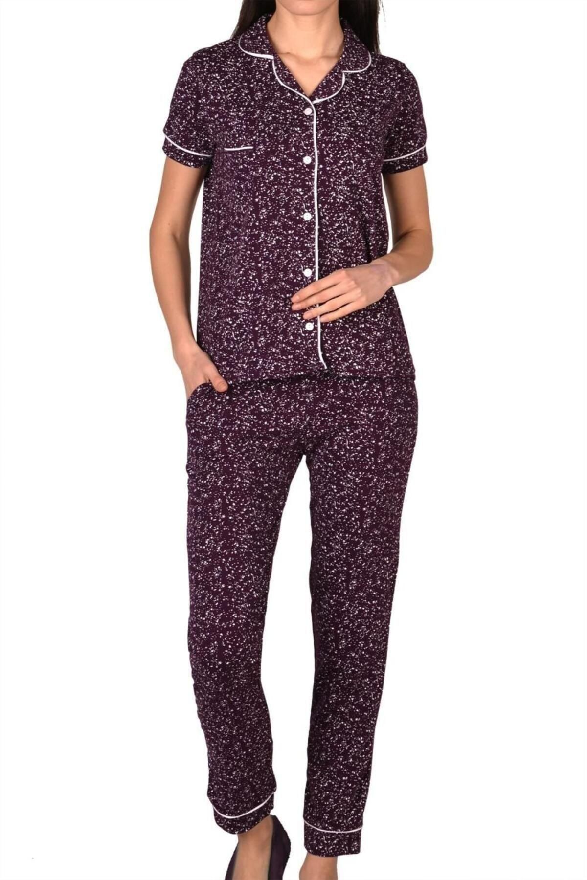 Nicoletta-Women's Pajama Set Short Sleeve Buttoned Pocket Cotton Lycra Plum 1