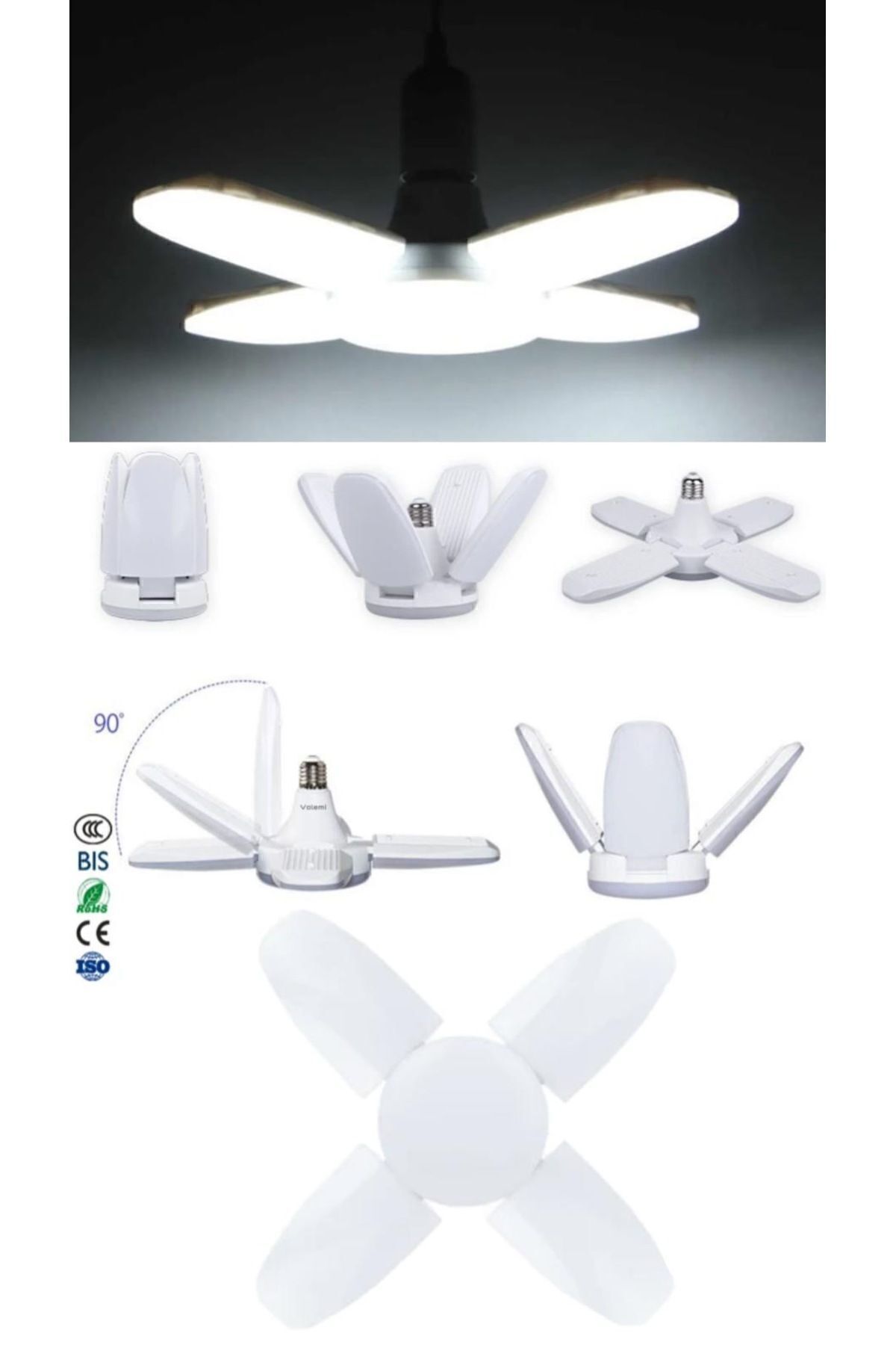 VOLEMİ 60 Watt 6000 Lumen 4 Kollu Katlanır Ampul 4 1 Kanatlı Katlanabilir Enerji Tasarruflu Led Ampul.