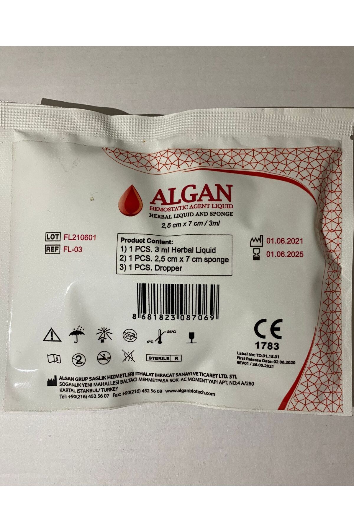 ALGAN Hemostatic Agent Sıvı - (Bitkisel sıvı ve Spanç-Tampon) 2,5cm X 7cm / 3 ml.