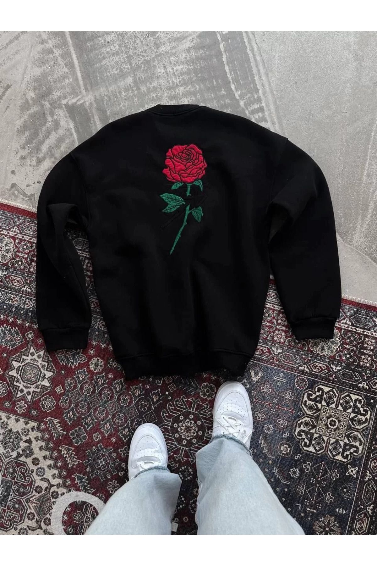 SA Alişveriş Dünyam Oversize Üç İplik Bisiklet Yaka Baskılı SweatShirt - Siyah