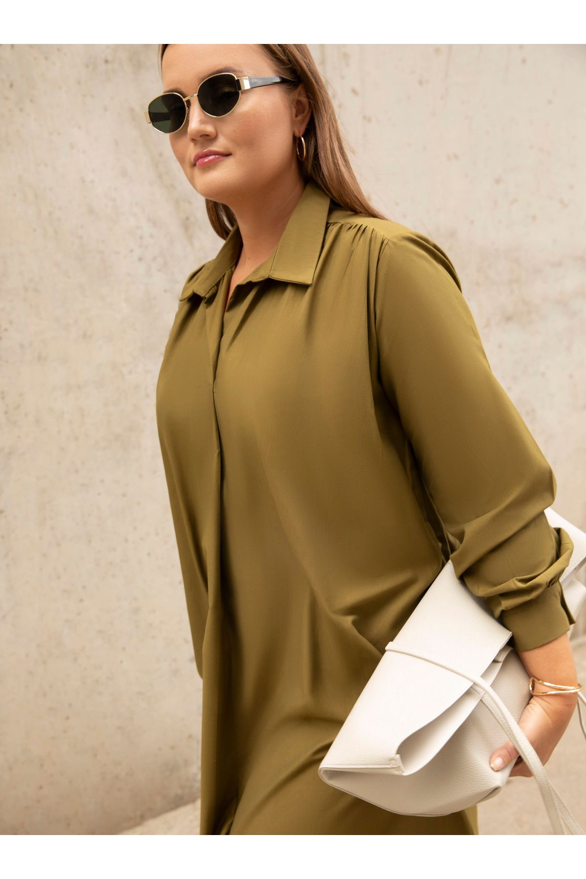 ALİA-Khaki Plus Size Poplin Dress - Alia 3