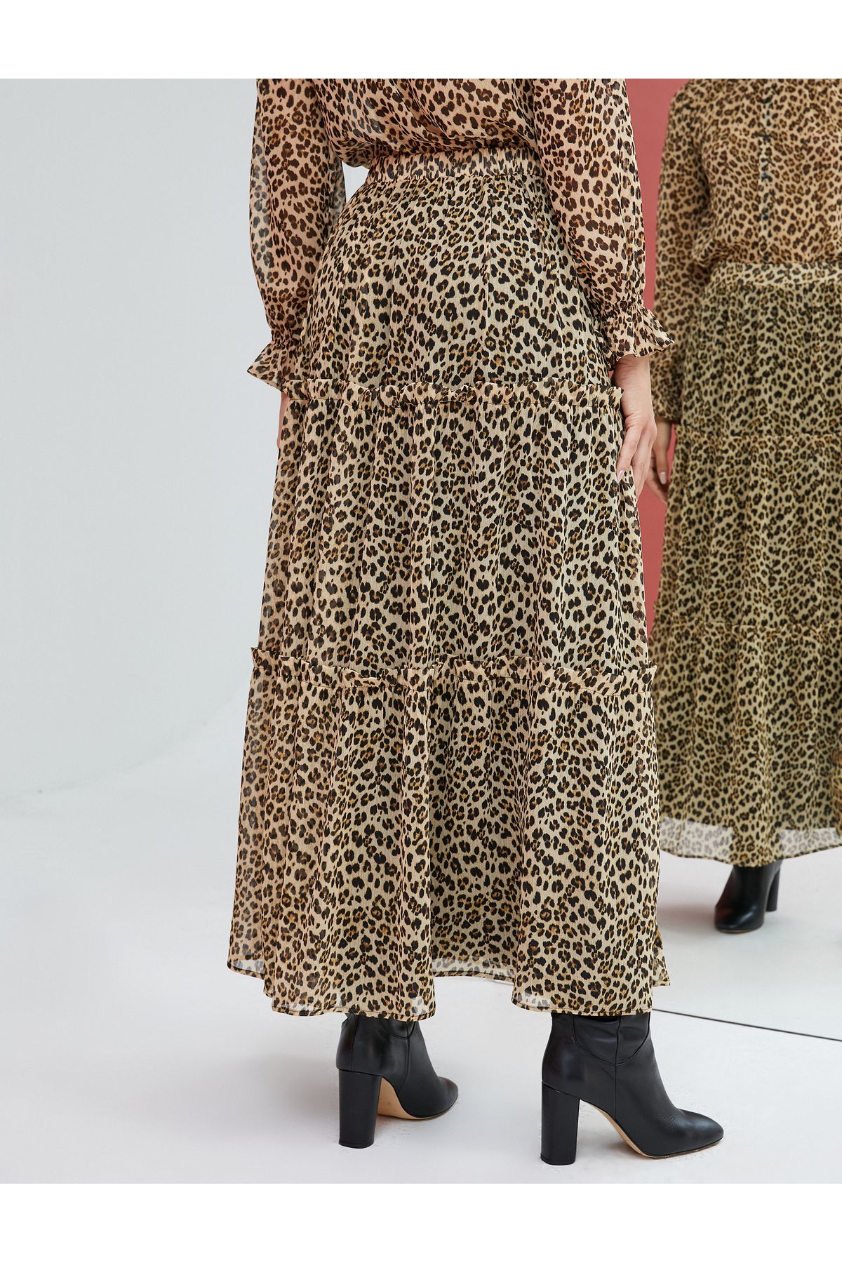 Koton-Leopard Patterned Long Chiffon Skirt - Flounce and Lined 4