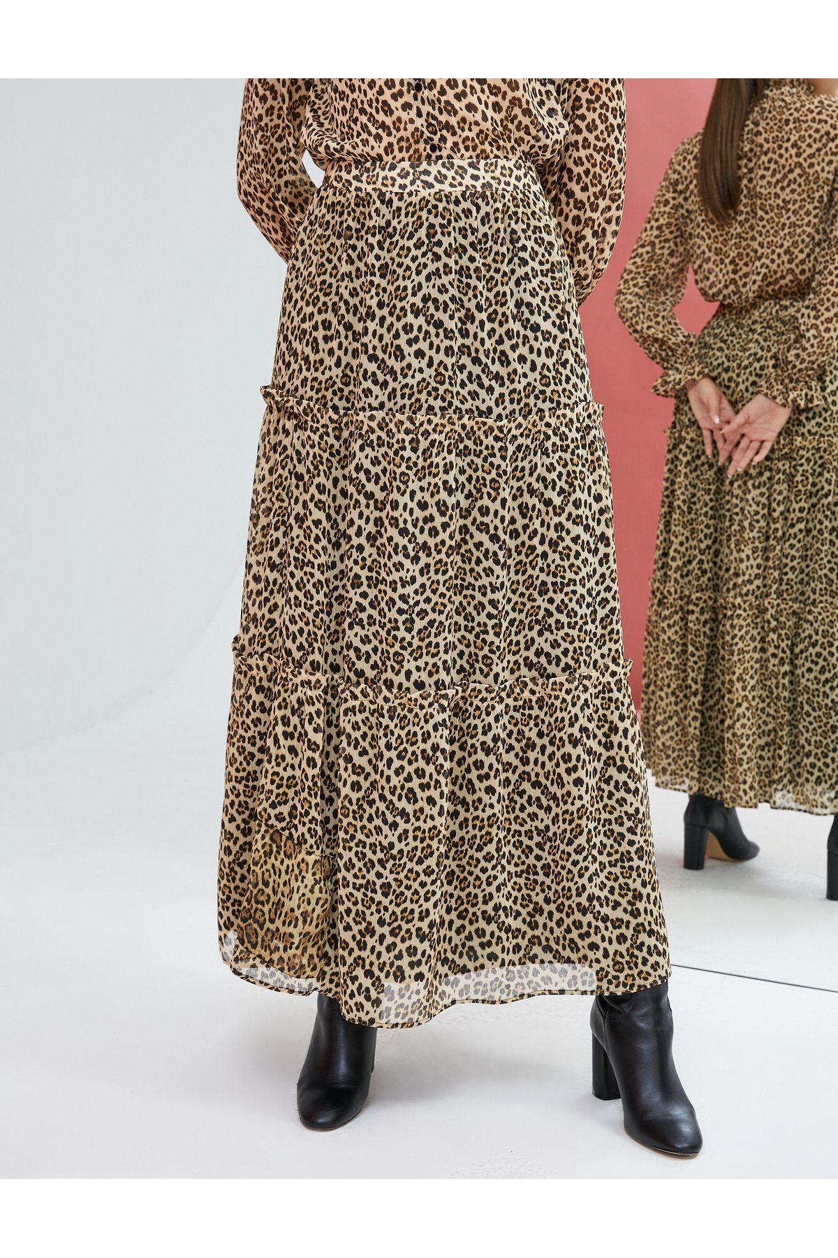 Koton-Leopard Patterned Long Chiffon Skirt - Flounce and Lined 3
