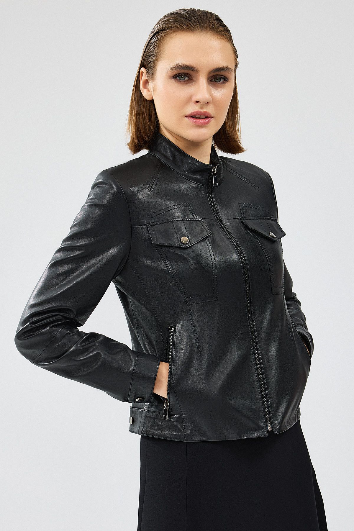 Derimod-Gigi Women's Black Short Leather Jacket 24Wgm 543251 4