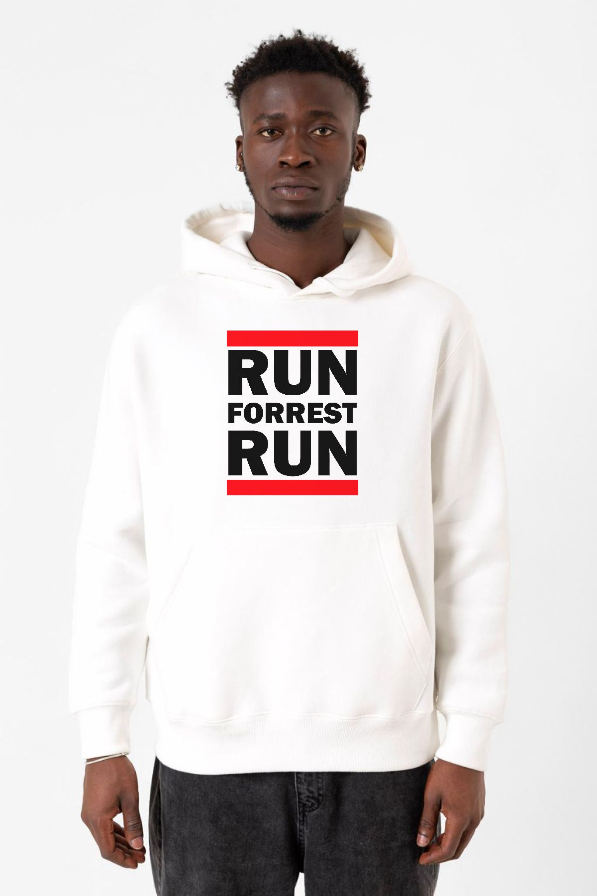 Tshirthane-Φούτερ Forrest Gump Run Forrest Run Λευκό ανδρικό φούτερ με κουκούλα 3 κορδονιών 1