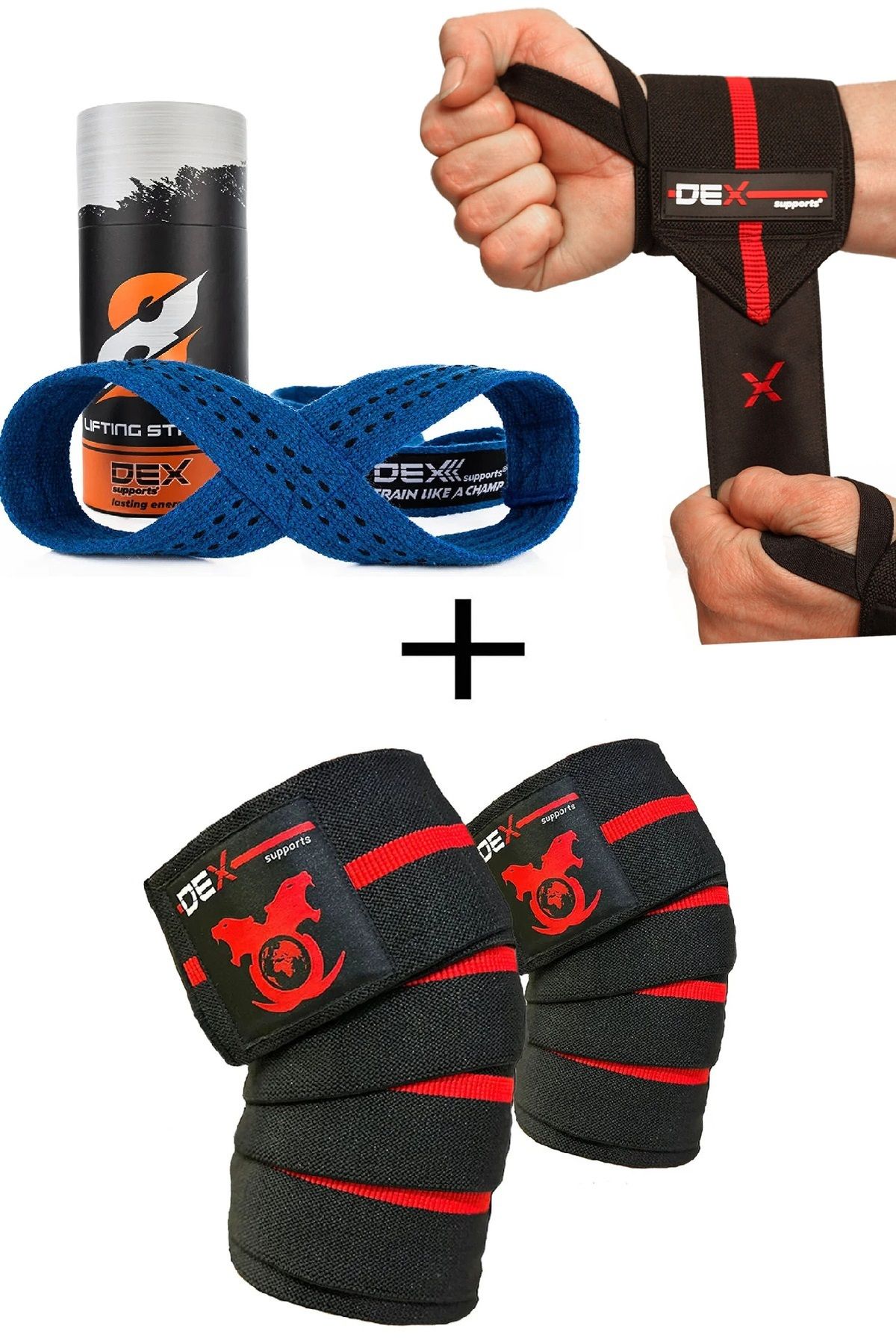 Dex Supports Fitness Bilekliği Wrist Wraps Elite + 8 Loop Lifting Straps Mavi+Fitness Knee Wraps Elite 3'lü Paket