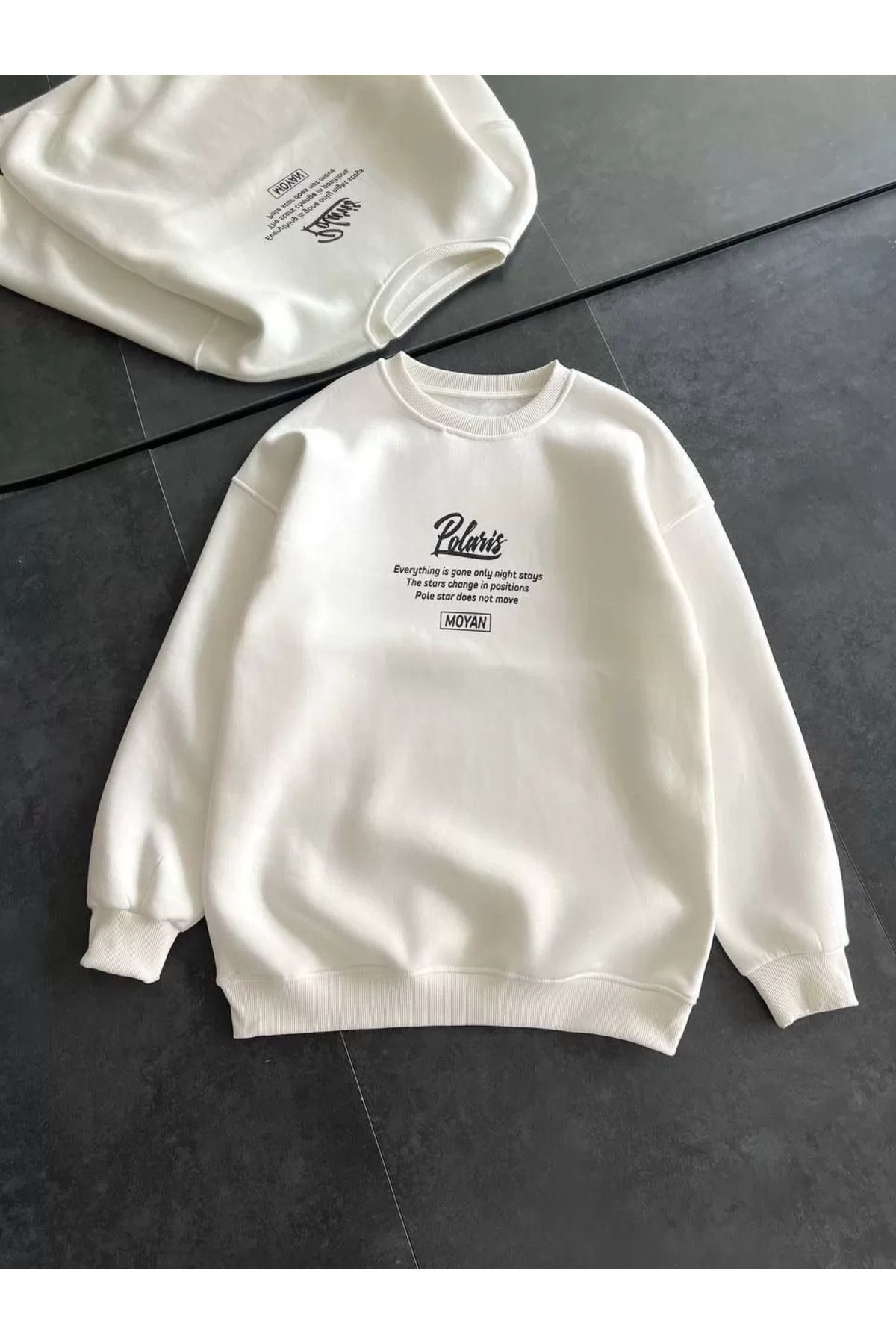 SA Alişveriş Dünyam Kışlık Bisiklet Yaka Ön Ve Arka Baskılı SweatShirt - Beyaz