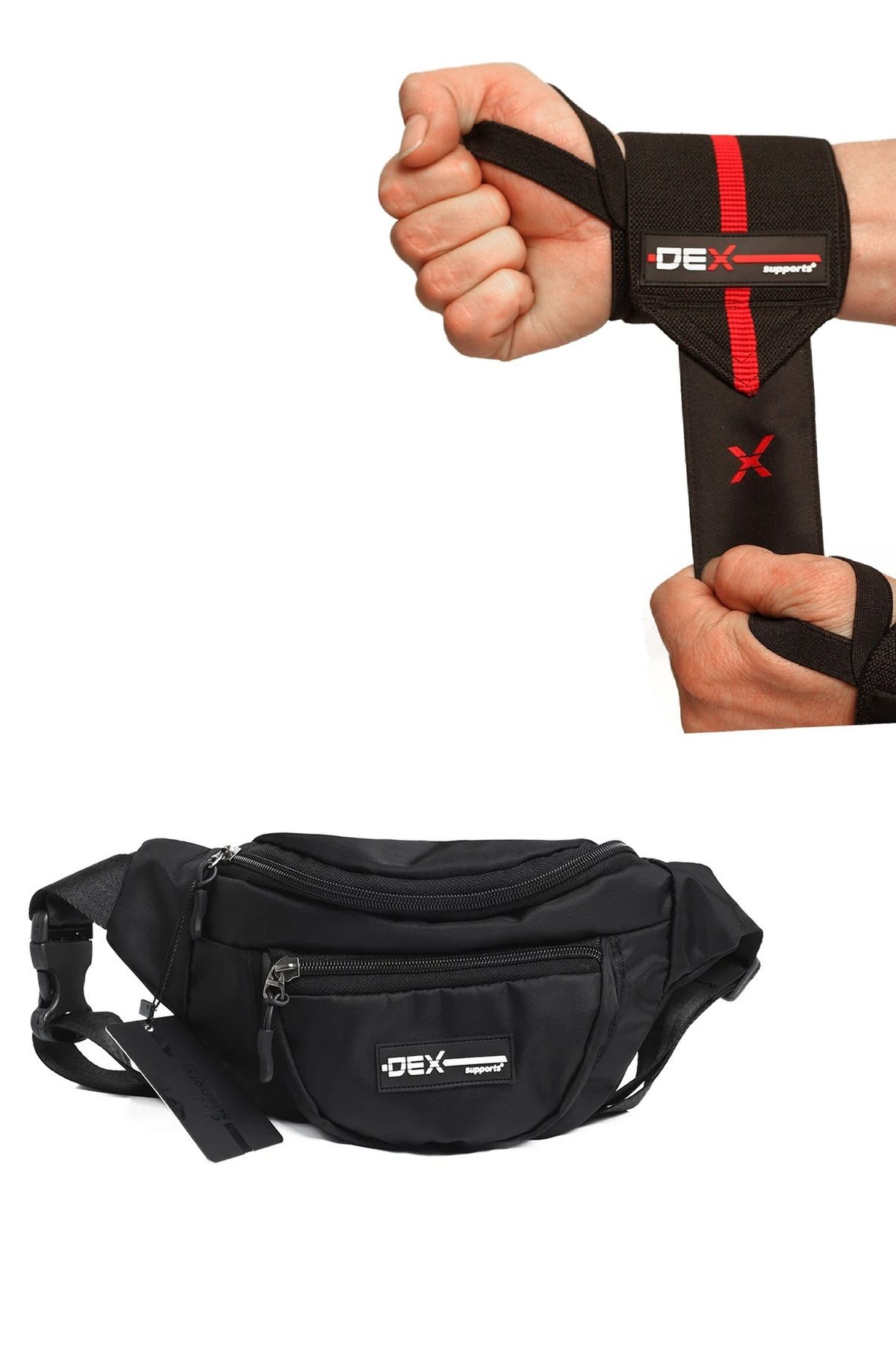 Dex Supports Fitness Sporcu Bilekliği Wrist Wraps Elite + Bel Omuz Çantası 2'li Paket