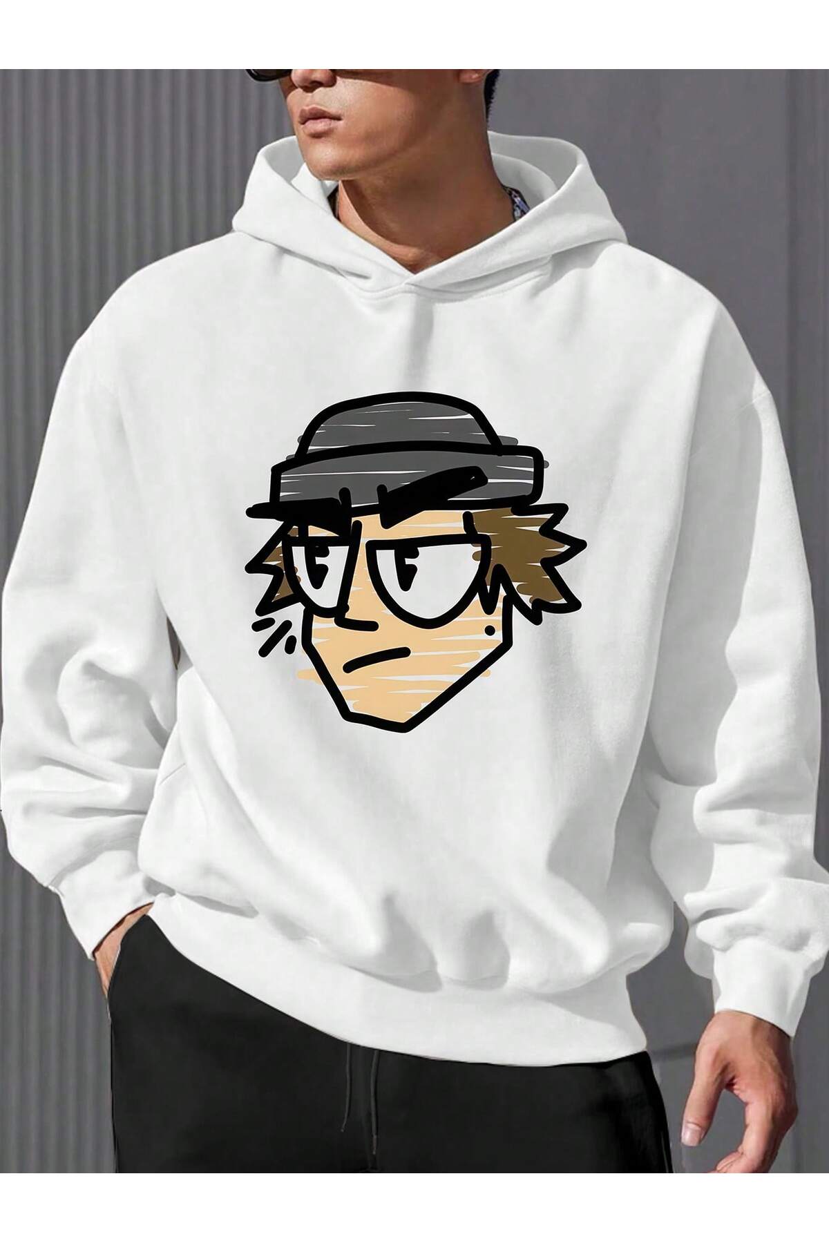 هودي أبيض كبير الحجم بطبعة رجل الشارع الكرتوني
