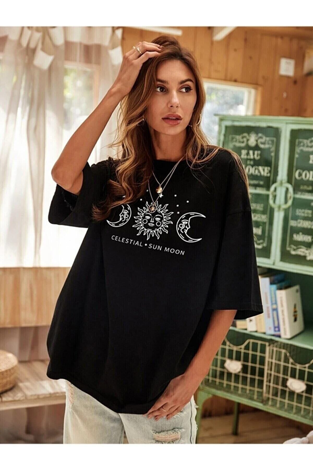Pisa Art Güneş Ay Baskılı Oversize Tshirt