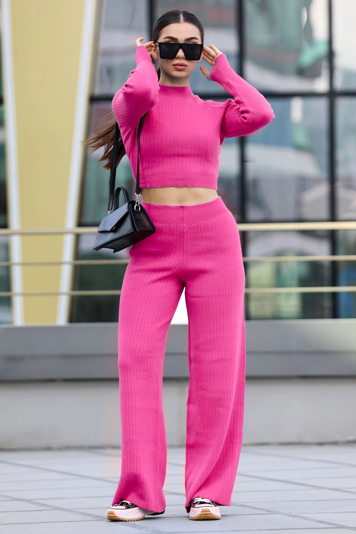 GÜLSELİ-Fuchsia Women's Half Fisherman Knitted Crop Sweater Trousers Knitwear Top and Bottom Set 2