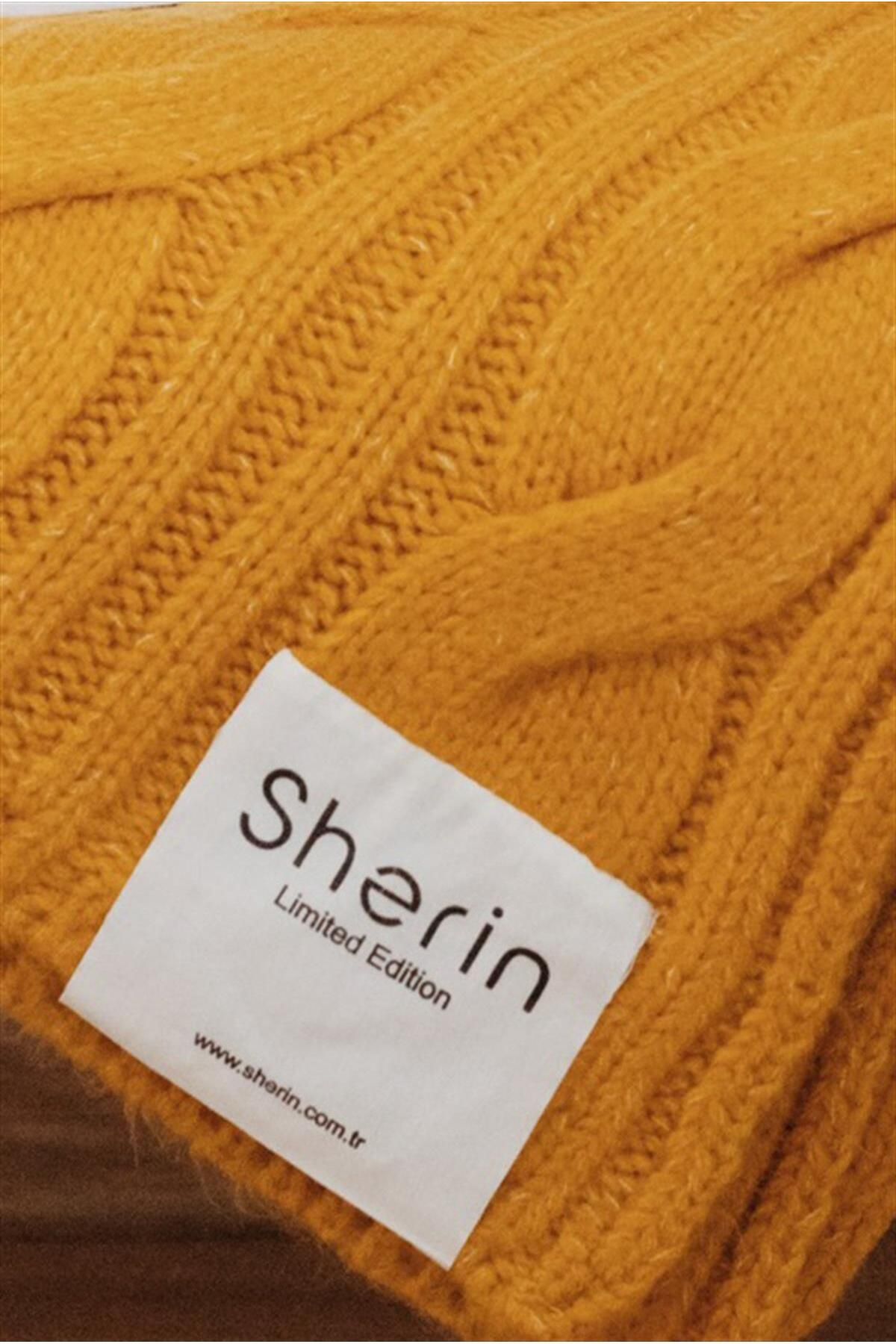 SHERIN-Mustard Hair Knitted Patterned Knitwear TV Blanket 2