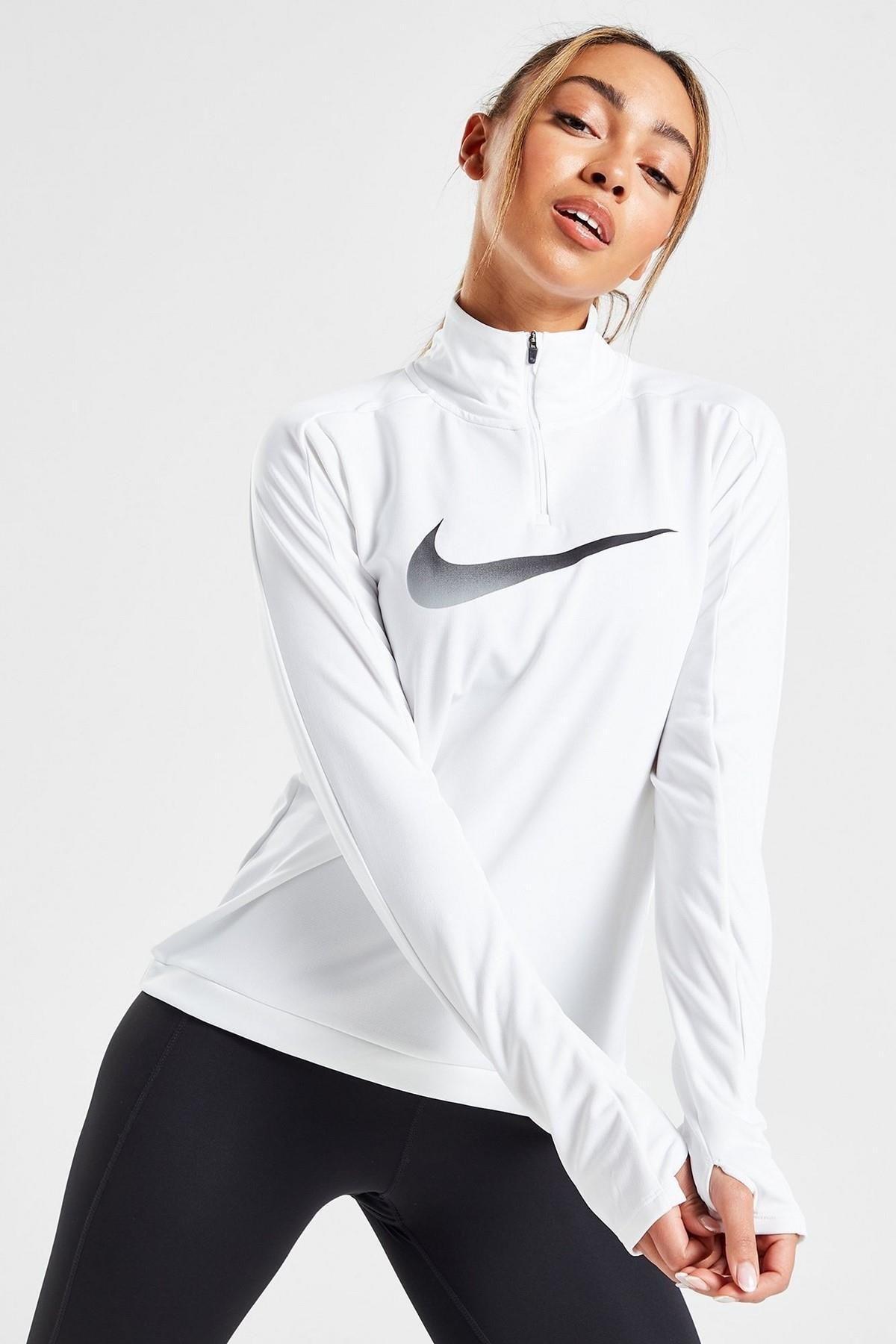 Nike Dri Fit Swoosh 1/4 Zip Sweat White Yarım Fermuarlı Koşu Üstü Sweatshirt Beyaz