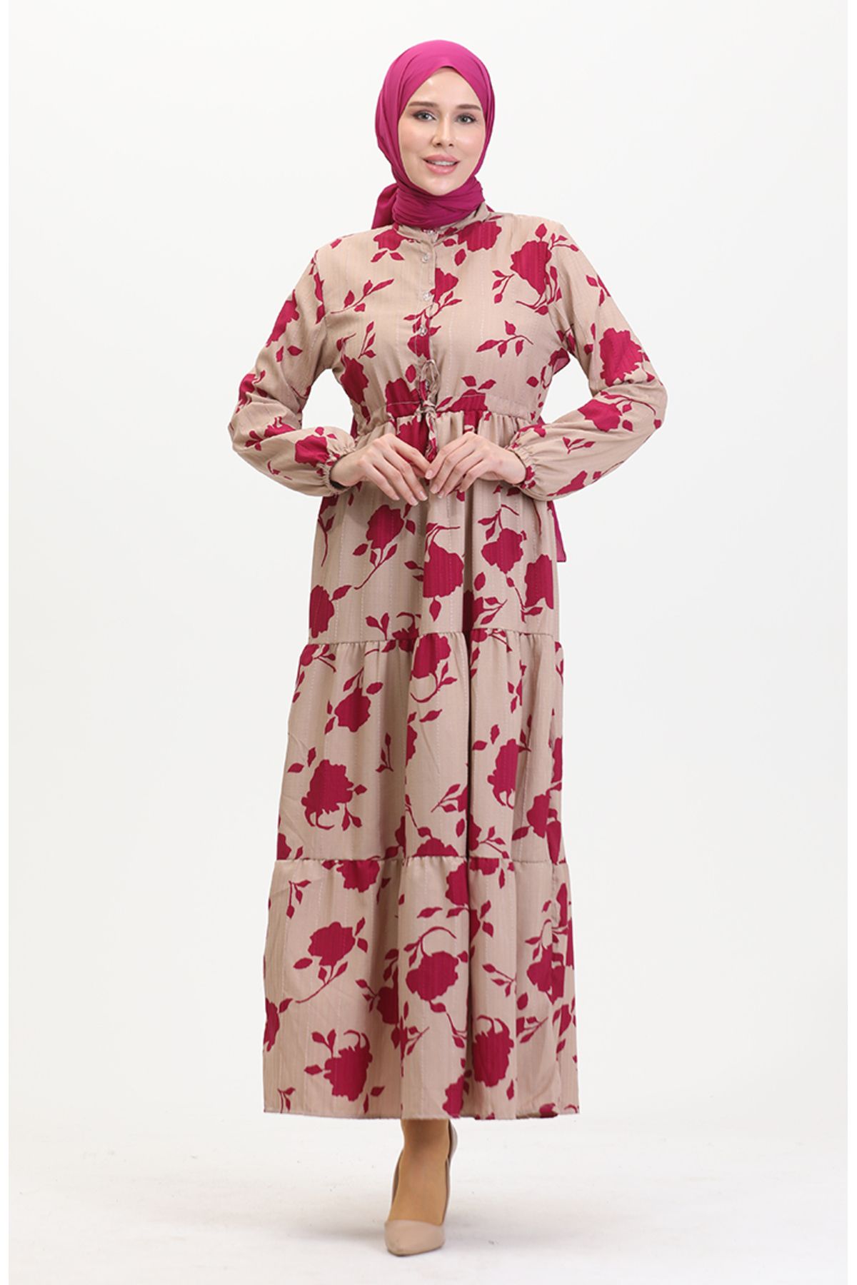sefamerve-Mink Fuchsia Patterned Dress - Buttoned Front and Laced 0516-01 2