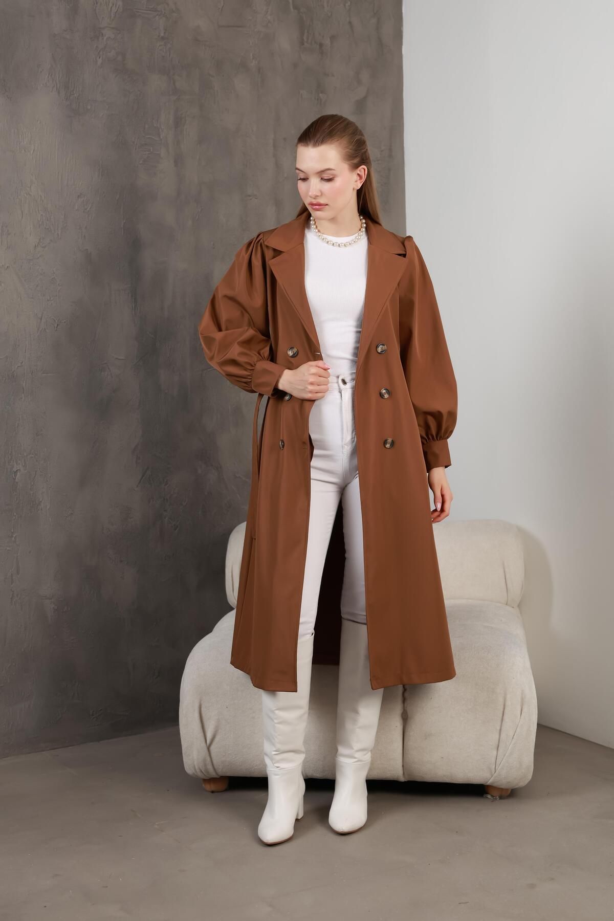 QUBERZ-Tan Balloon Sleeve Trench Coat 1