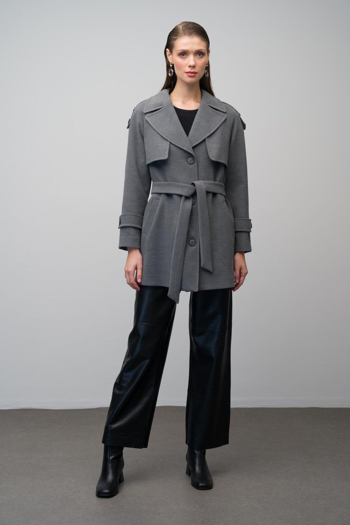 Olcay-Raglan Sleeve Coat - Epaulet and Cloak Detail, Gray 3078 3