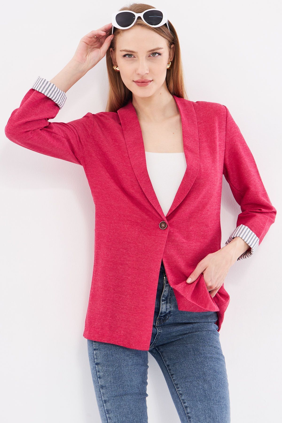 armonika-Dark Fuchsia Single Button Striped Women's Jacket - ARM-22K001122 2