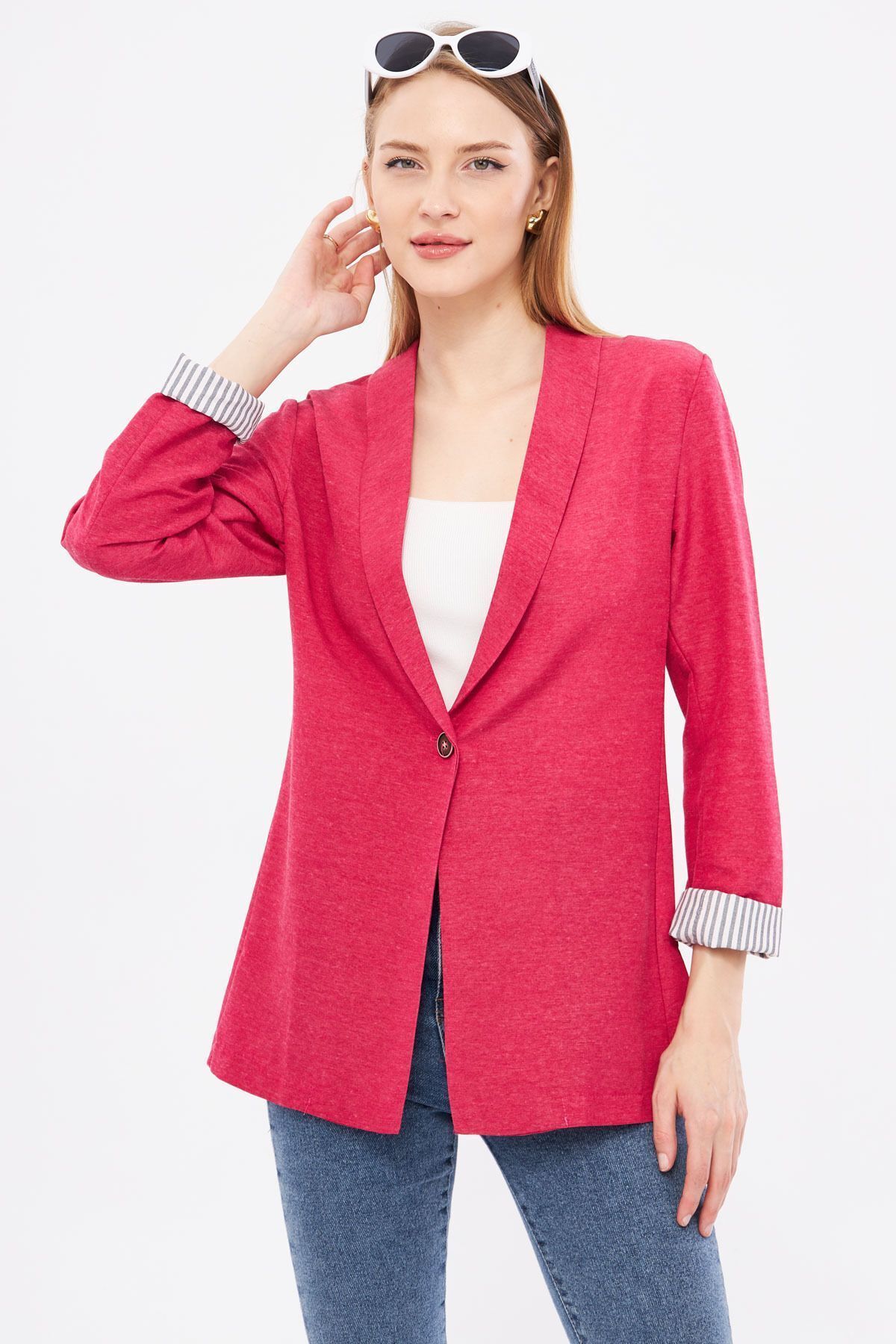 armonika-Dark Fuchsia Single Button Striped Women's Jacket - ARM-22K001122 4