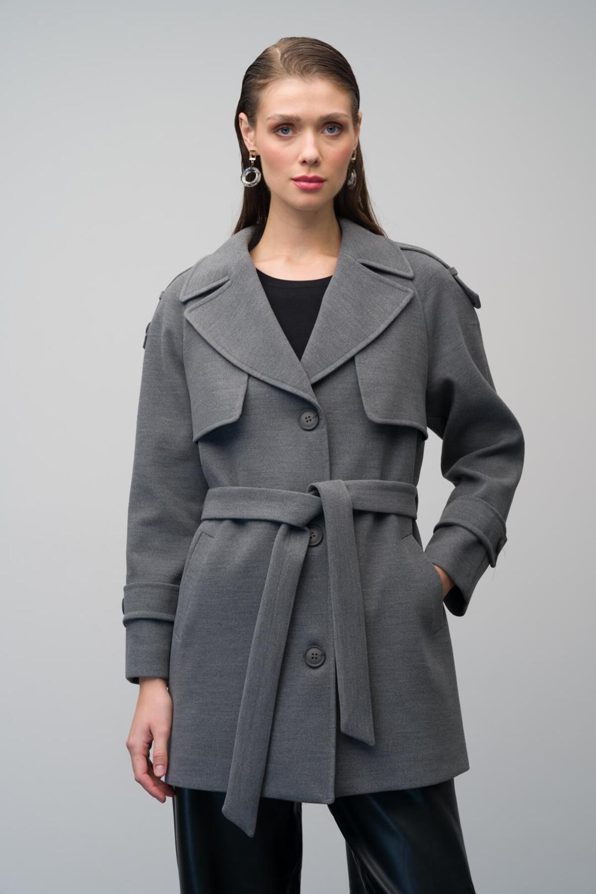 Olcay-Raglan Sleeve Coat - Epaulet and Cloak Detail, Gray 3078 5