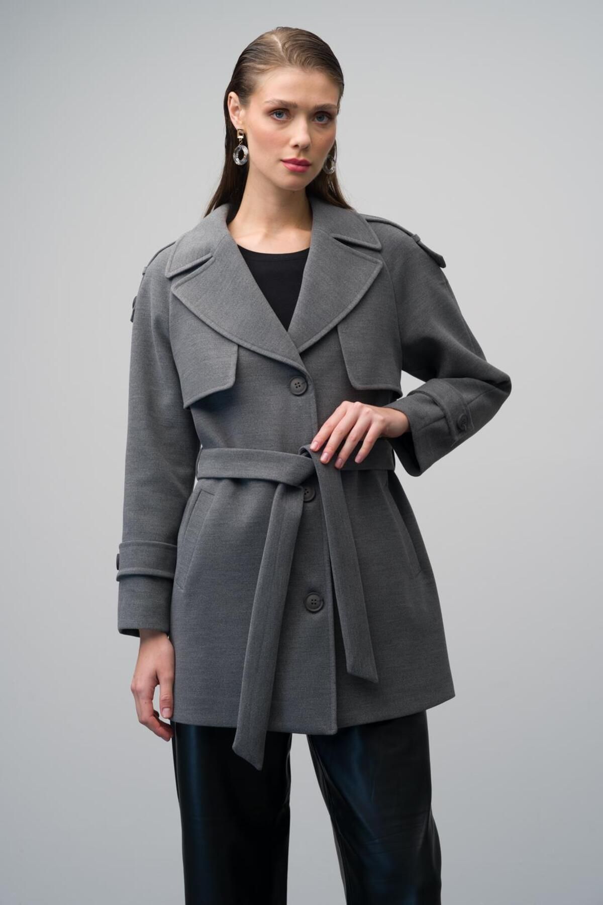 Olcay-Raglan Sleeve Coat - Epaulet and Cloak Detail, Gray 3078 2