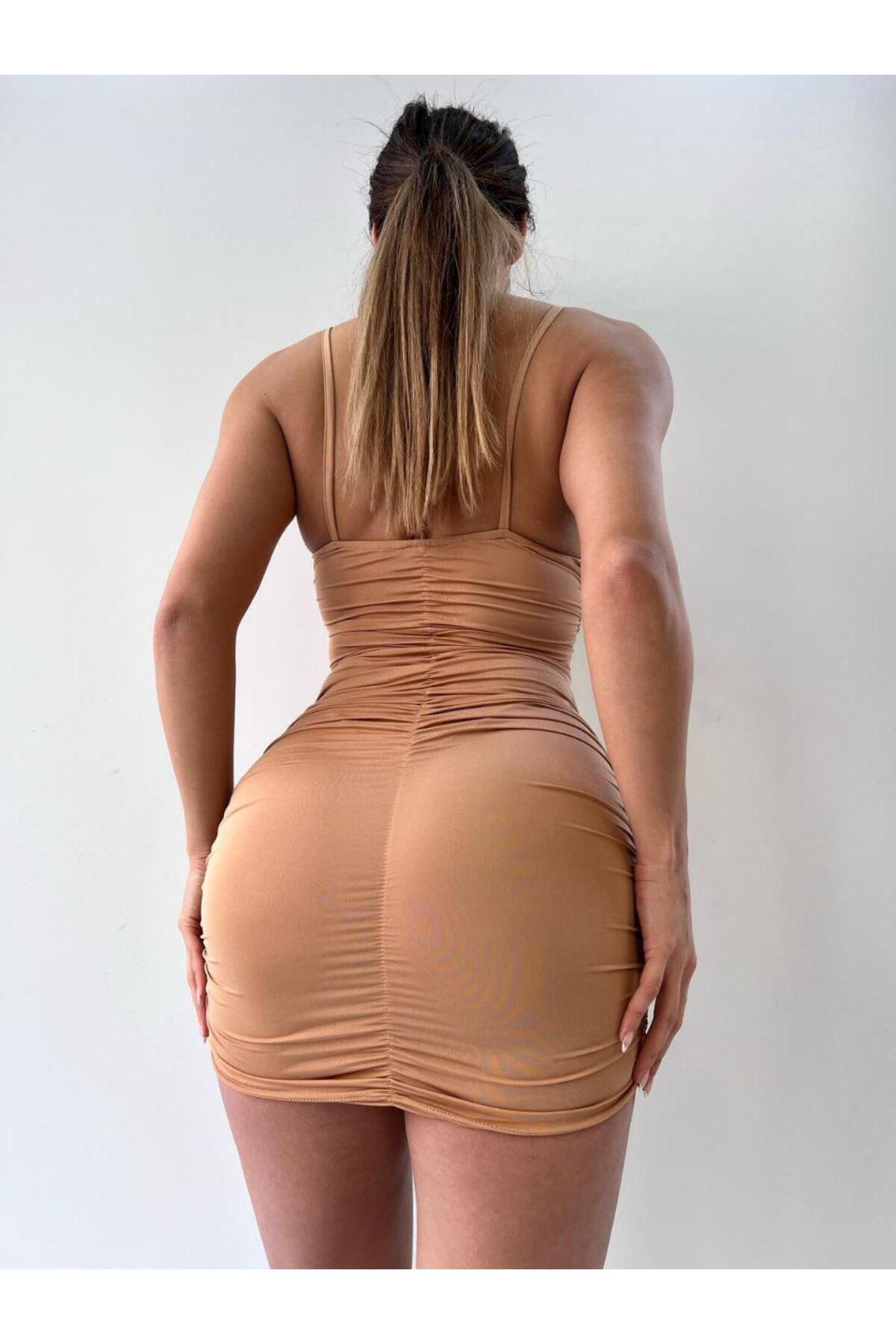 pink life Bej Fırfırlı Derin V Dekolteli Mini Elbise görsel 4