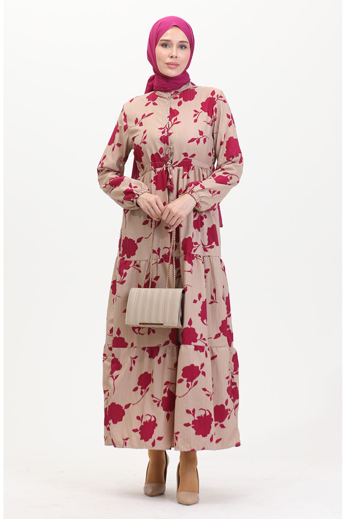 sefamerve-Mink Fuchsia Patterned Dress - Buttoned Front and Laced 0516-01 1