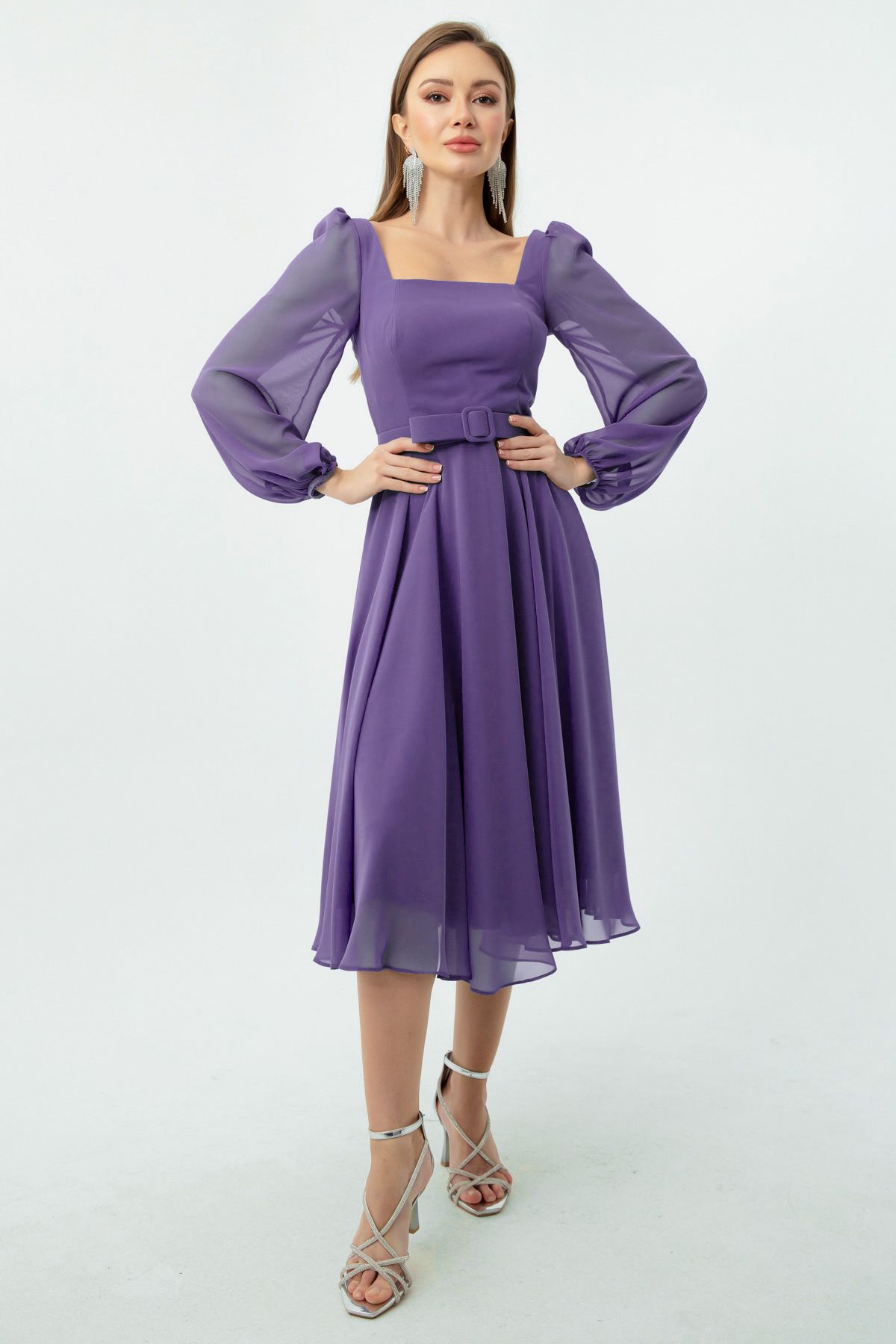 Lafaba-Women's Lavender Square Collar Belted Midi Chiffon Evening Dress 2