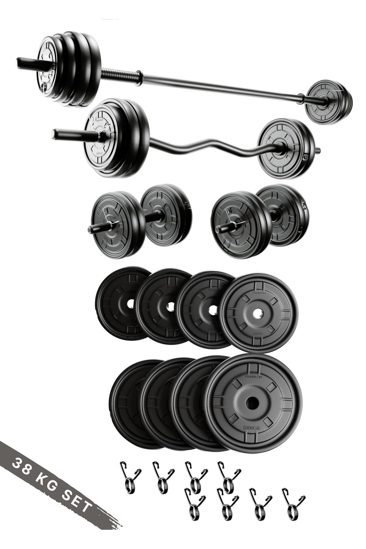 38 Kg ; 150 Cm Uzun Bar+ 120 Cm Z-barlı Megaset Halter Seti Ve Dambıl Seti Ağırlık Fitness Seti