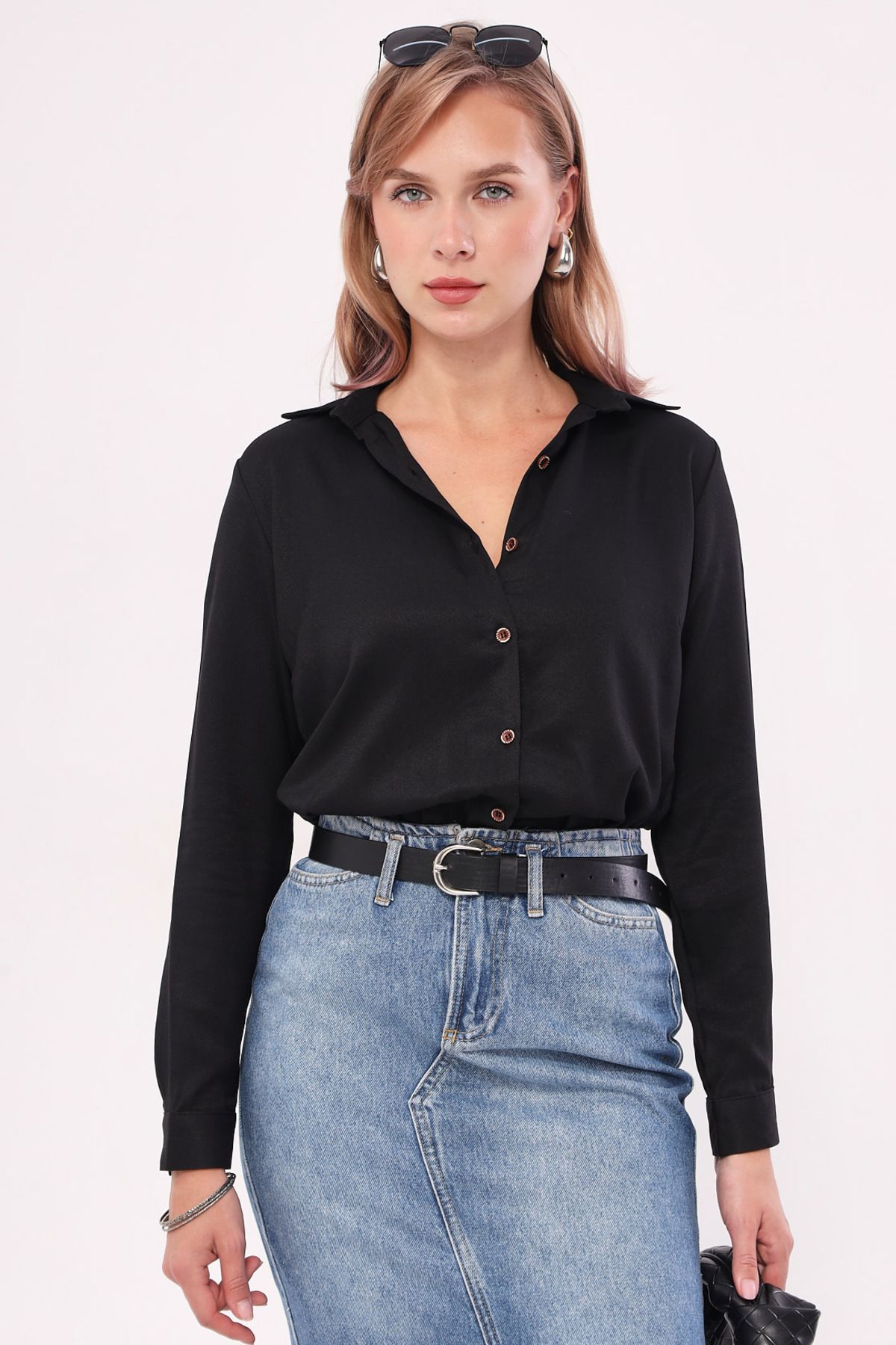 armonika-Women's Black Long Sleeve Plain Shirt ARM-18Y001176 4