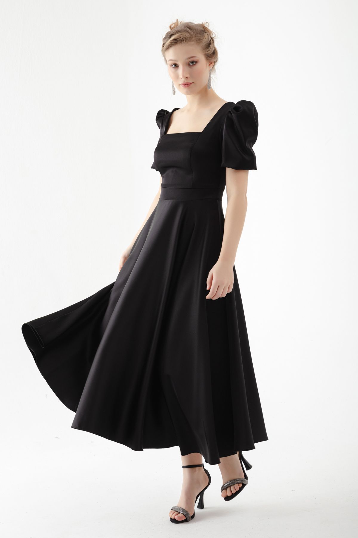 Lafaba-Schwarzes Midi-Abendkleid mit quadratischem Kragen und Ballonärmeln für Damen 1