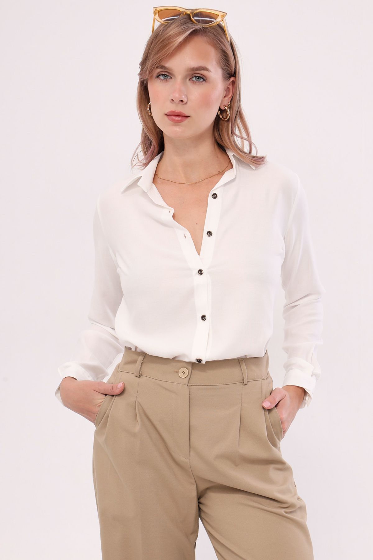 armonika-Women's White Long Sleeve Plain Shirt ARM-18Y001176 4