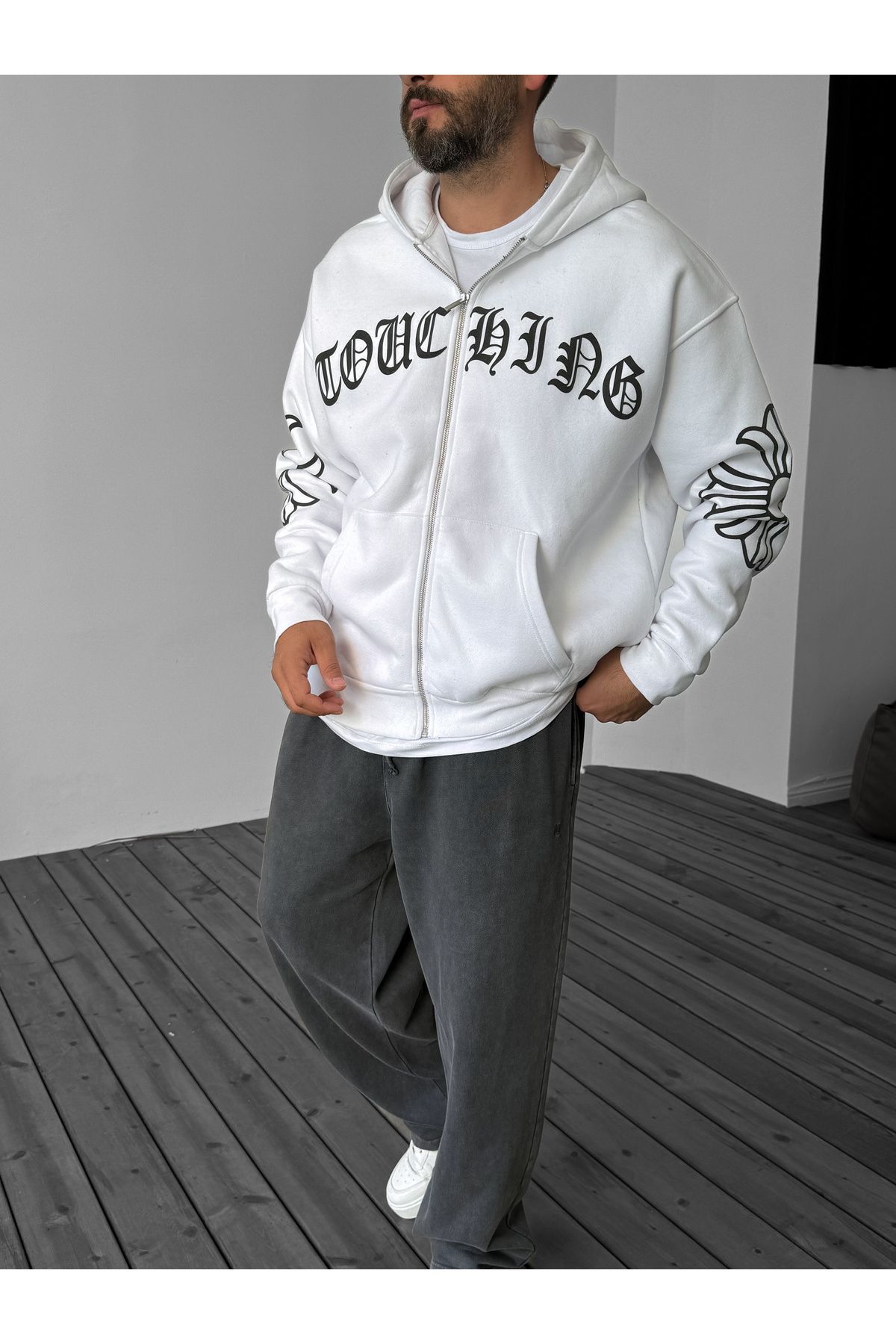 BYBASICMAN-White Text Embossed Zippered Sweat C-725 3