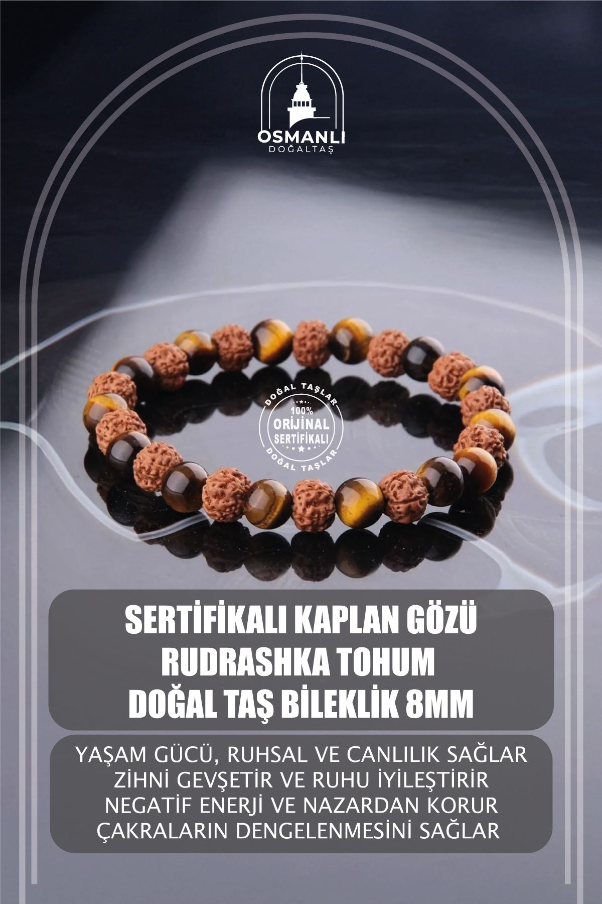 OTTOMAN NATURAL STONE Certified Tiger Eye - Rudraksha Tohum Natural Stone Bracelet 8mm B793