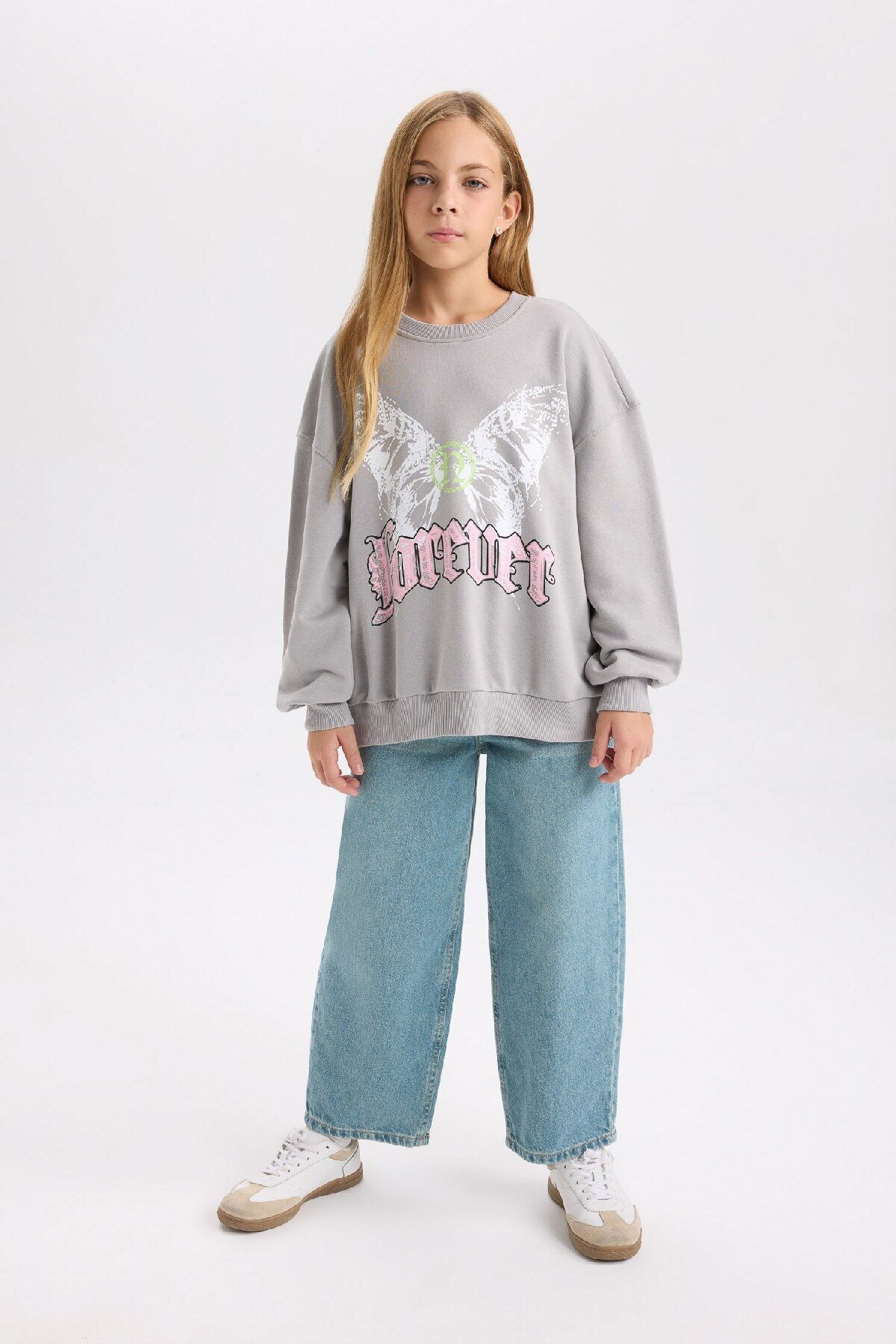 DeFacto-Gray Oversize Crew Neck Back Printed Girl's Sweatshirt - D6630A824Au 2