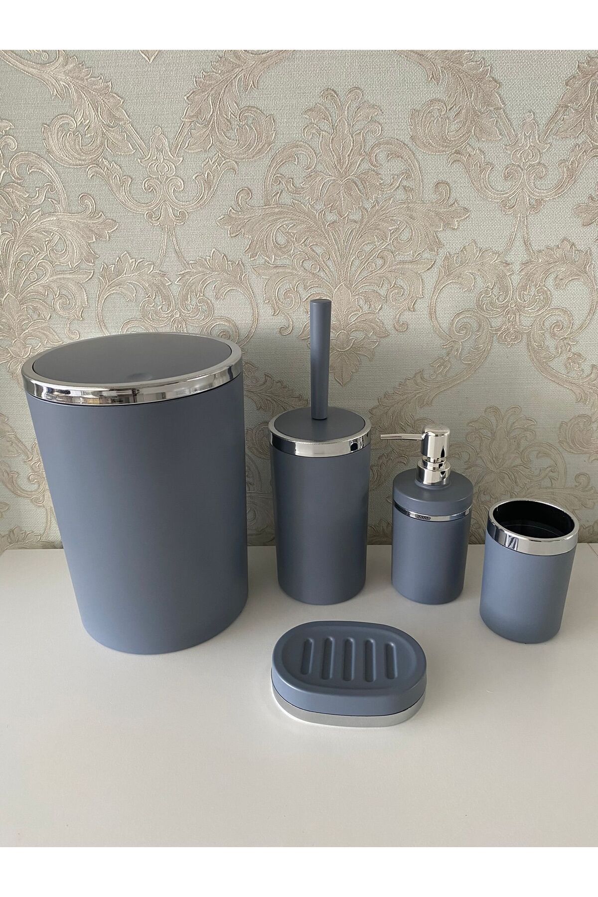 Trend Banyo Mutfak-5 Piece Matte Gray Silver Matte Bathroom Set 2