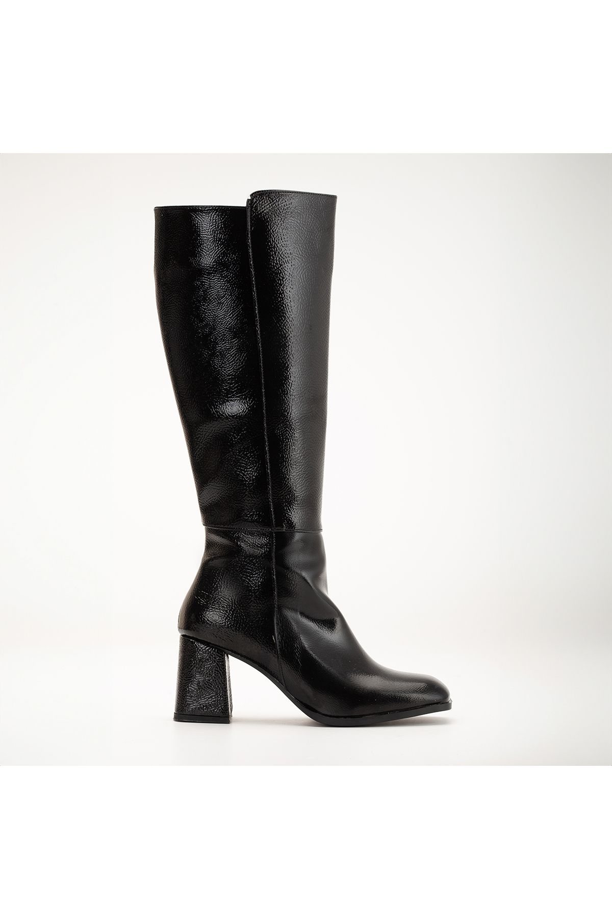 ÜNAL ÖZER-Women's Black Wrinkled Patent Leather Zippered Medium Heeled Below the Knee Classic Boots Un001-0131 4