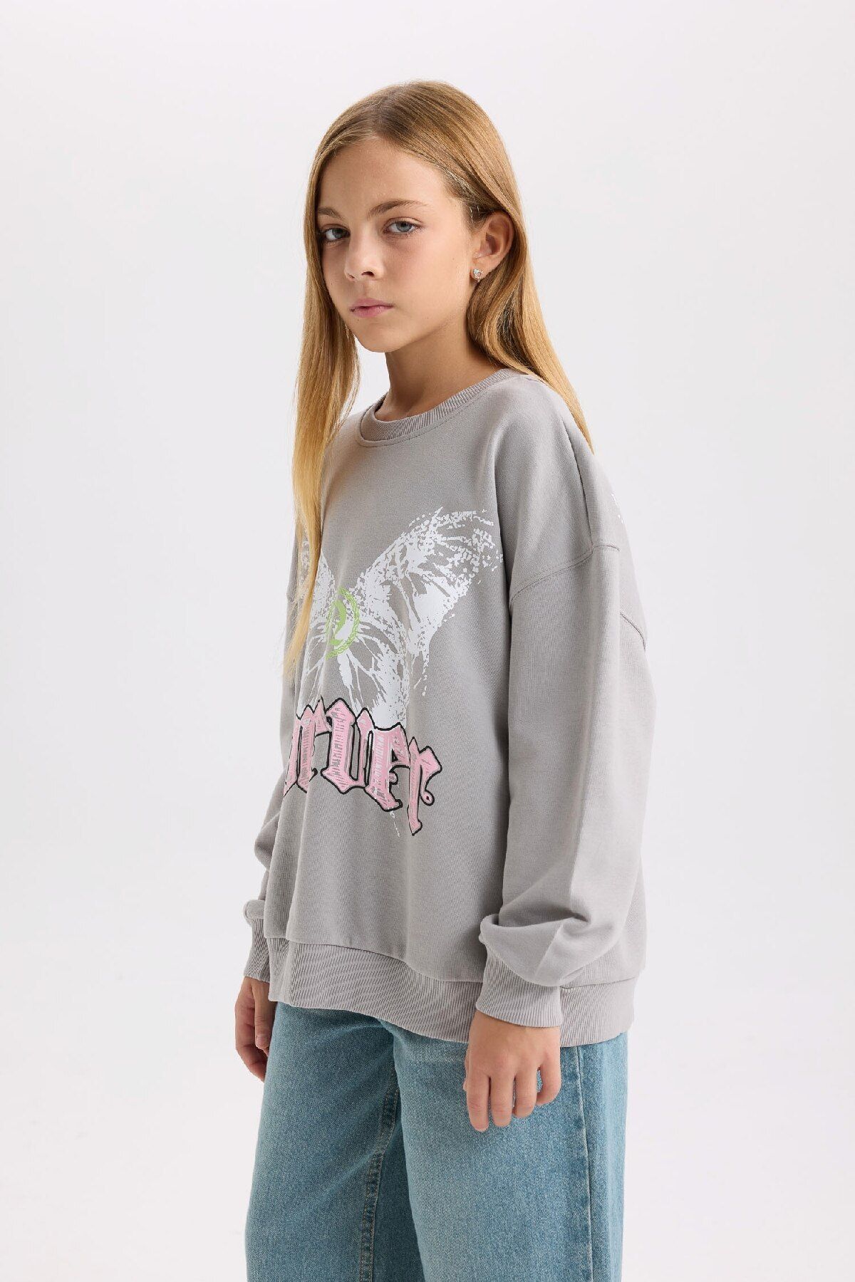 DeFacto-Gray Oversize Crew Neck Back Printed Girl's Sweatshirt - D6630A824Au 5