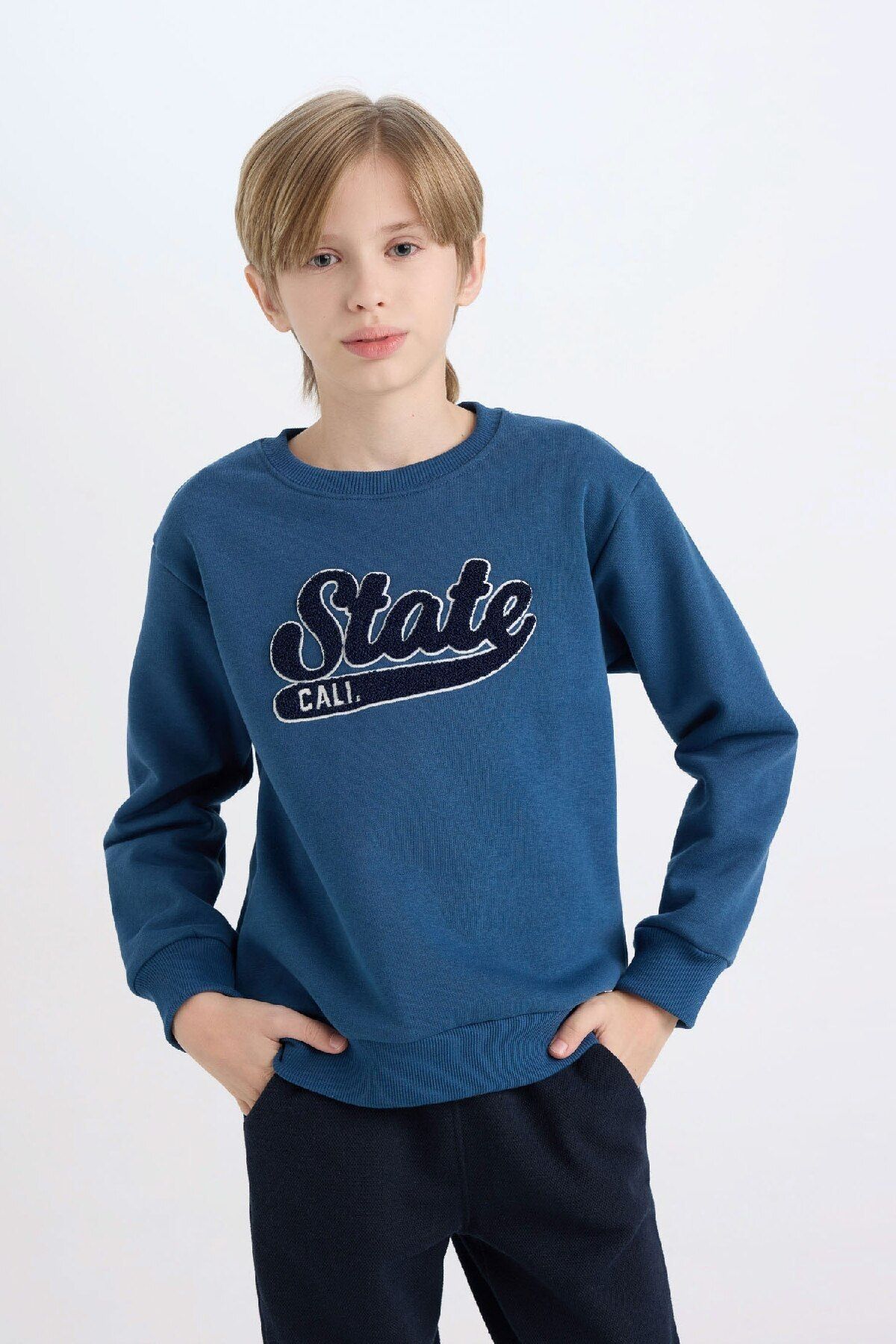 DeFacto-Φούτερ Boy's Navy Blue Crew με κεντημένο χοντρό φούτερ D3053a824wn 2