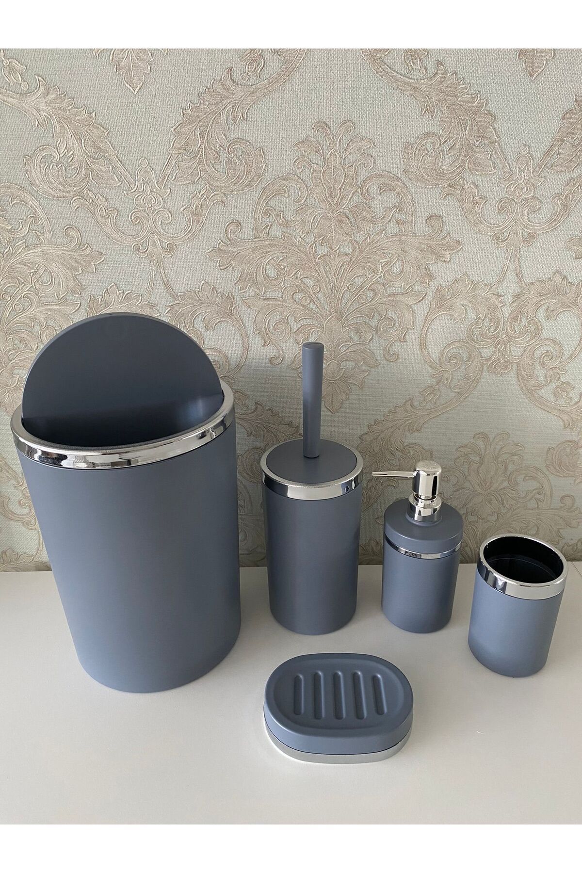 Trend Banyo Mutfak-5 Piece Matte Gray Silver Matte Bathroom Set 3