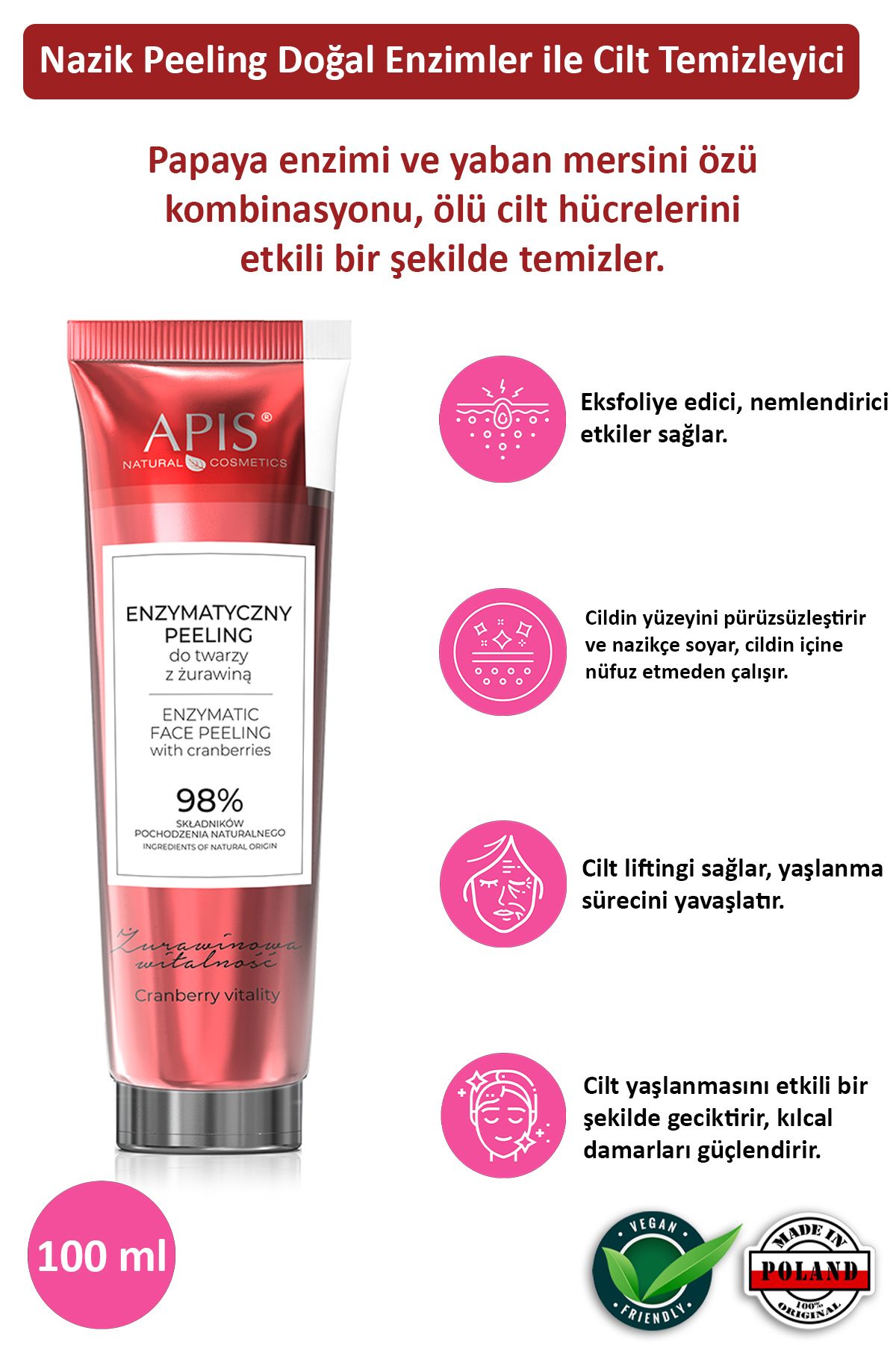 Apis Natural Cosmetics Kızılcık İçeren Enzimatik Yüz Peelingi - 100ml