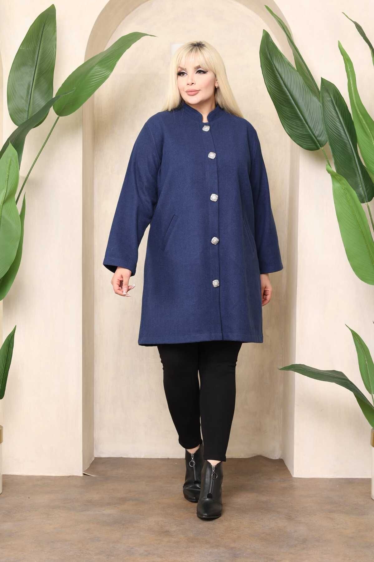 Şans-Women's Large Size Navy Blue Pocketed Unlined Cashmere Coat 65N38346 7