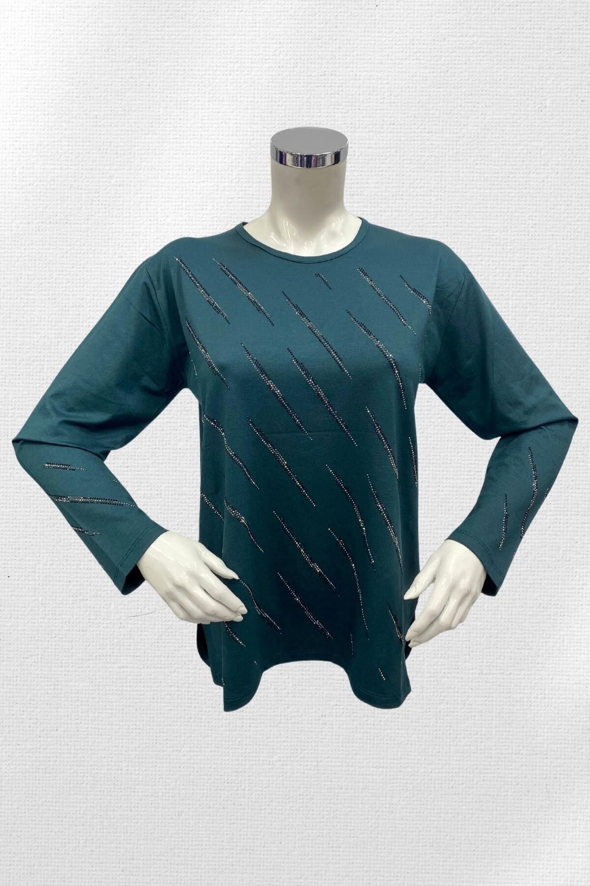 Moda Zeyn-Women's Viscose Blouse with Stone Detail - Parallel Line Pattern, Emerald 1