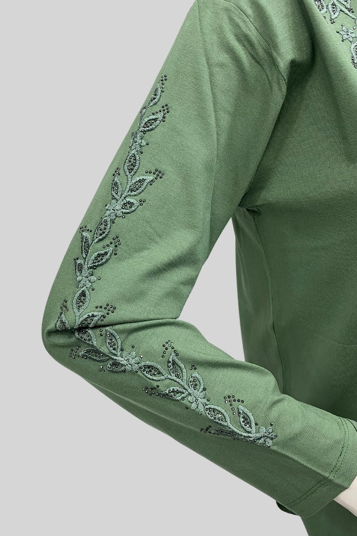 Moda Zeyn-Green Floral Patterned Jewelled Viscose Combed Cotton Blouse - Quality Mother Design 2