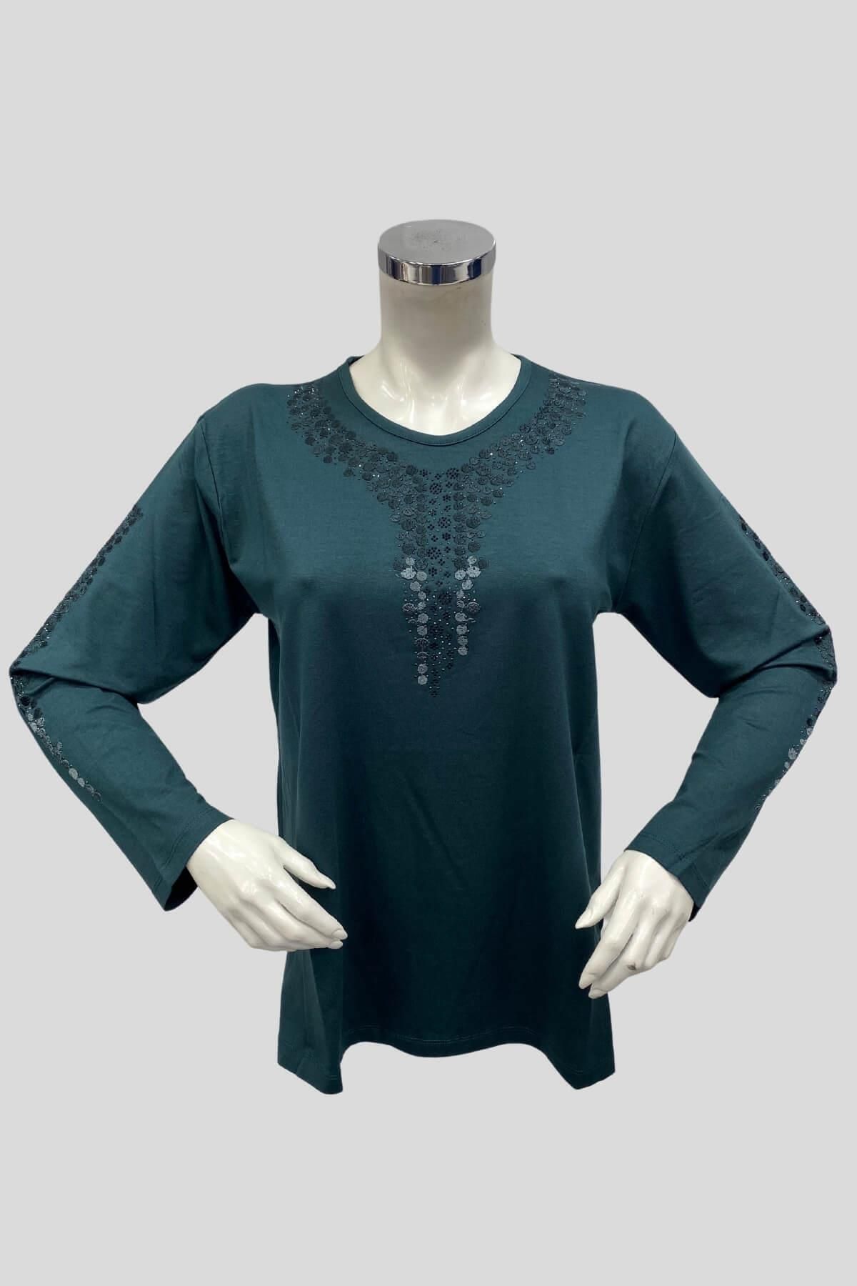 Moda Zeyn-Emerald Mother Combed Cotton Blouse - Viscose Fabric, Little Daisy Pattern and Embroidered with Rhinestones 1