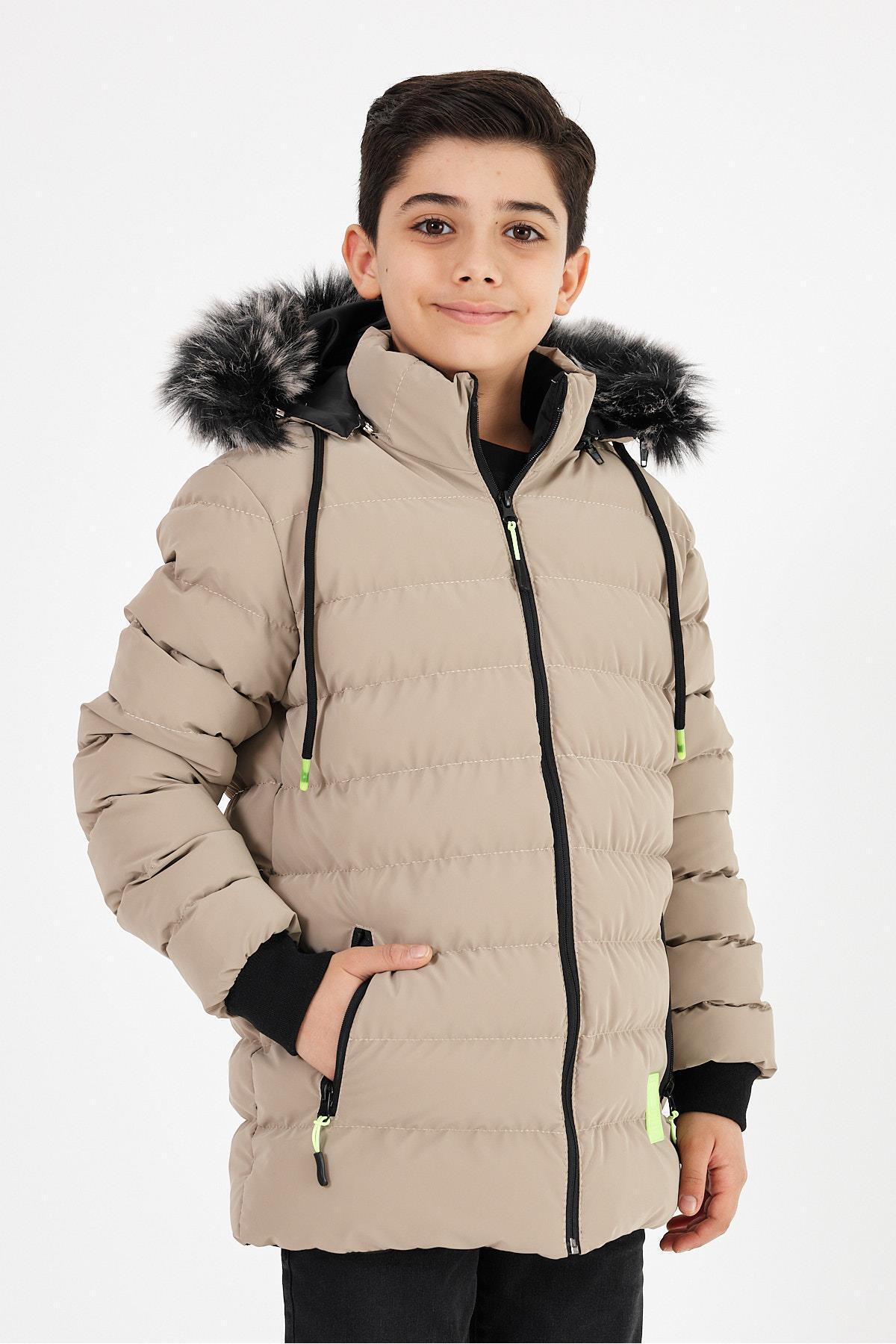 Krem Erkek Çocuk Çıkartılabilir Kapüşonlu Şişme Deri Karışımlı Kumaş Mont & Kaban görsel 2
