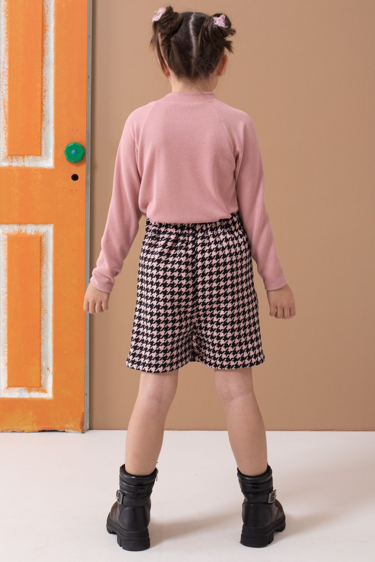 Cansın Mini-Pink Houndstooth Patterned Shorts with Skirts and Badi Girl's Suit 19560 5